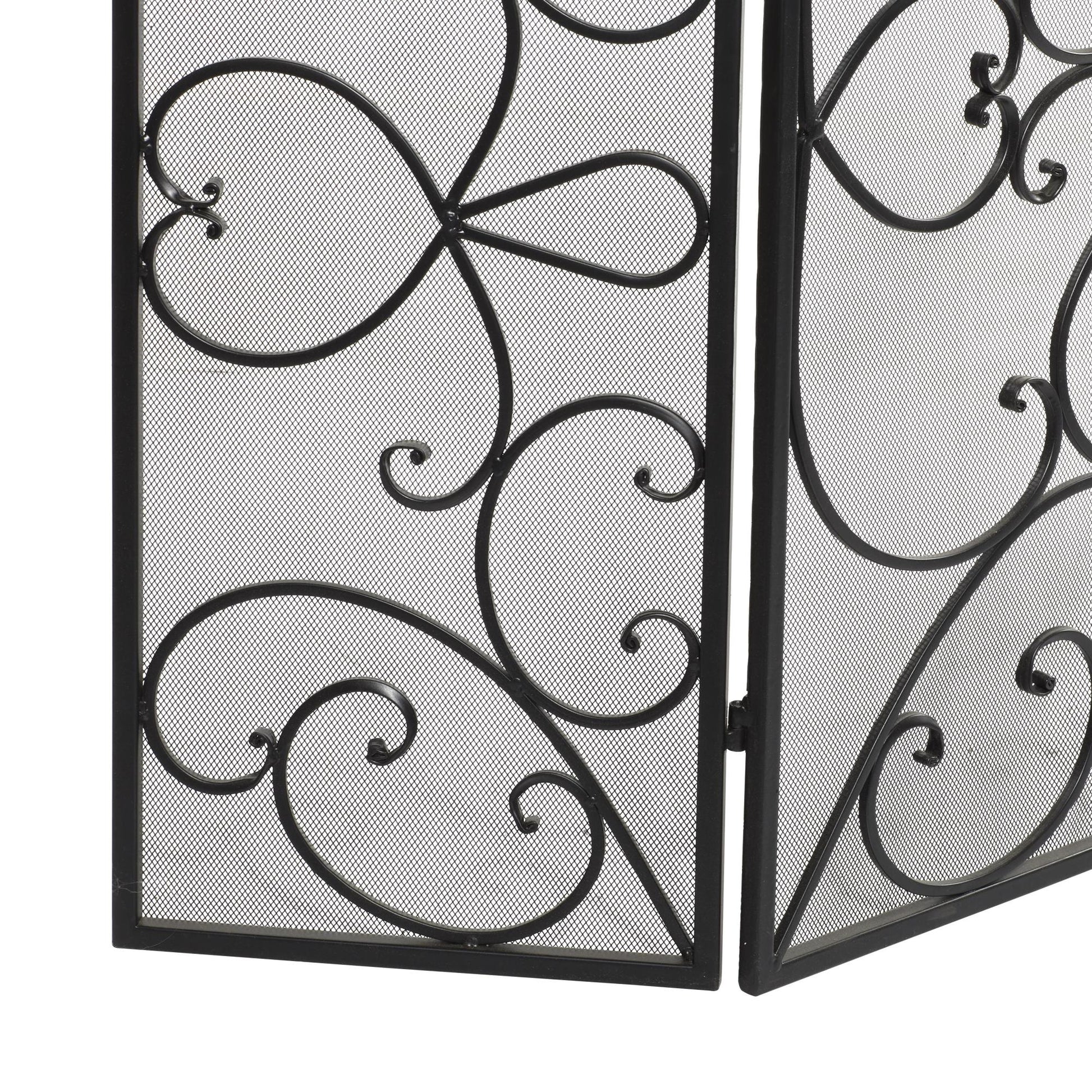 Scroll Black Metal Foldable 3 Panel Living Room Fireplace Screen with Mesh Netting