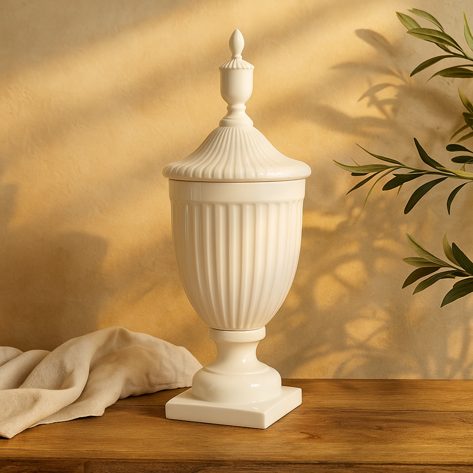 Ceramic Tall Living Room Decorative Jars with Grooves and Lid 12" x 12" x 32"