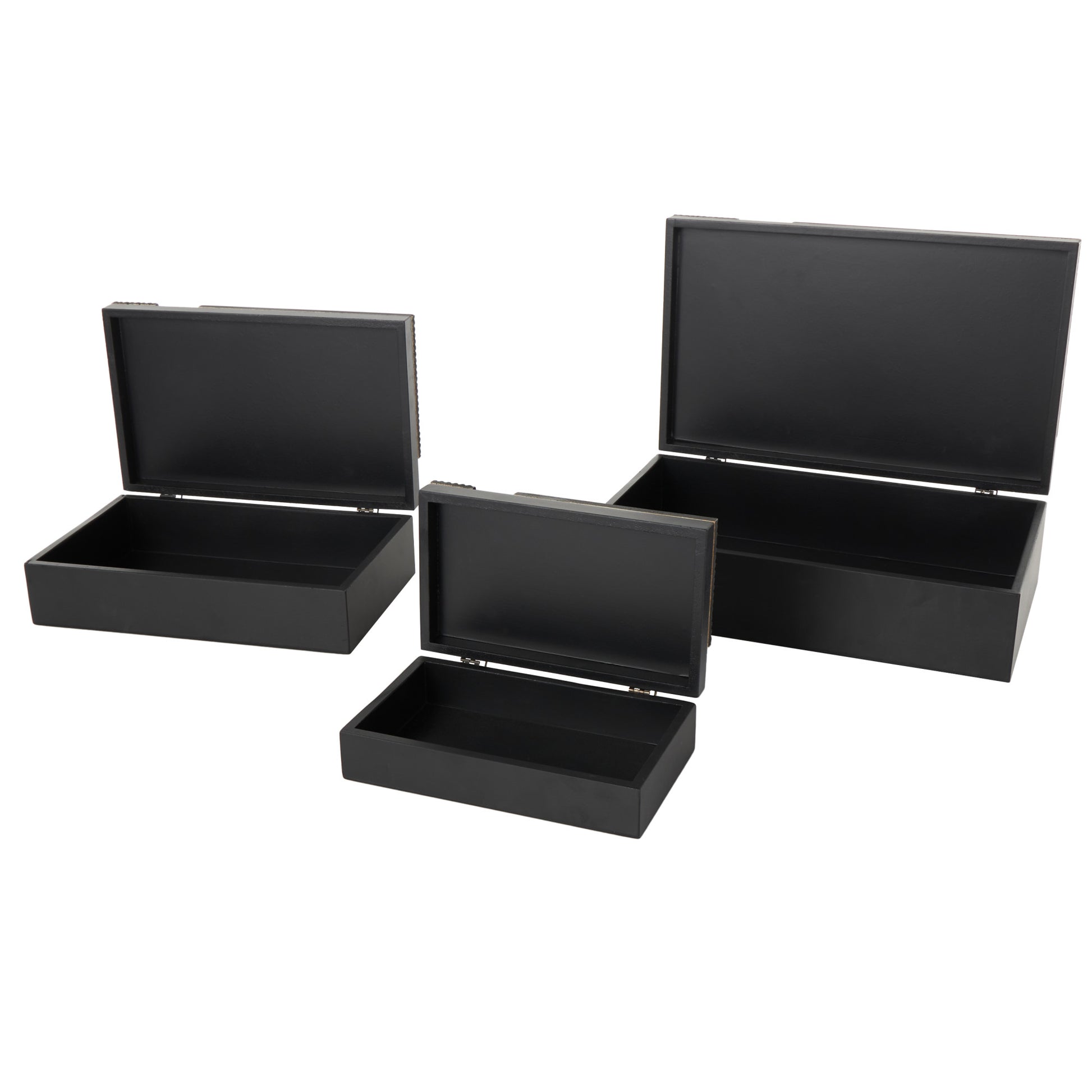 Set of 3 Black Wood Handmade Decorative Box with 3D Geometric Accents