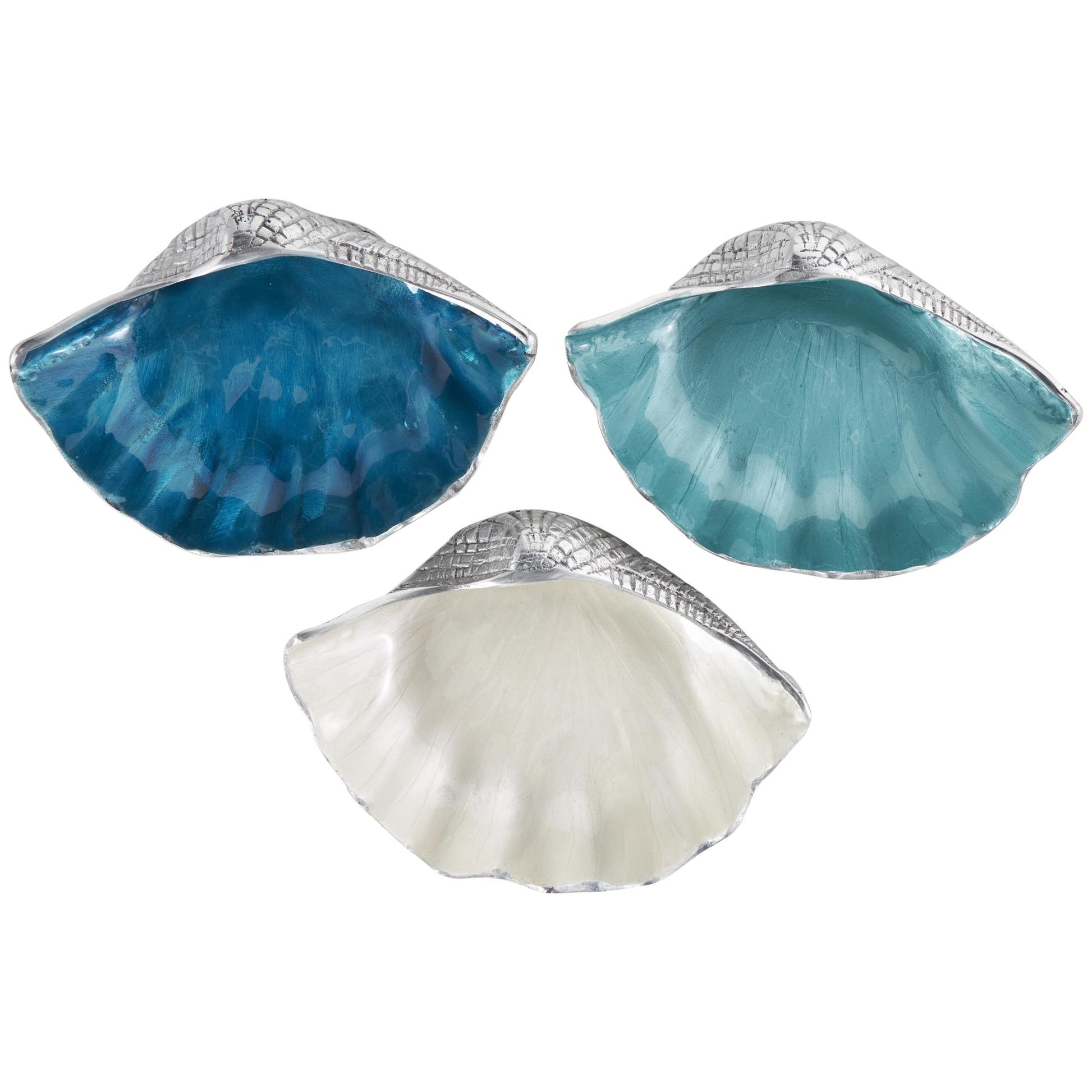 Set of 3 Shell Multi Colored Aluminum Metal Handmade Enameled Large Decorative Bowl with Textured Silver Bases