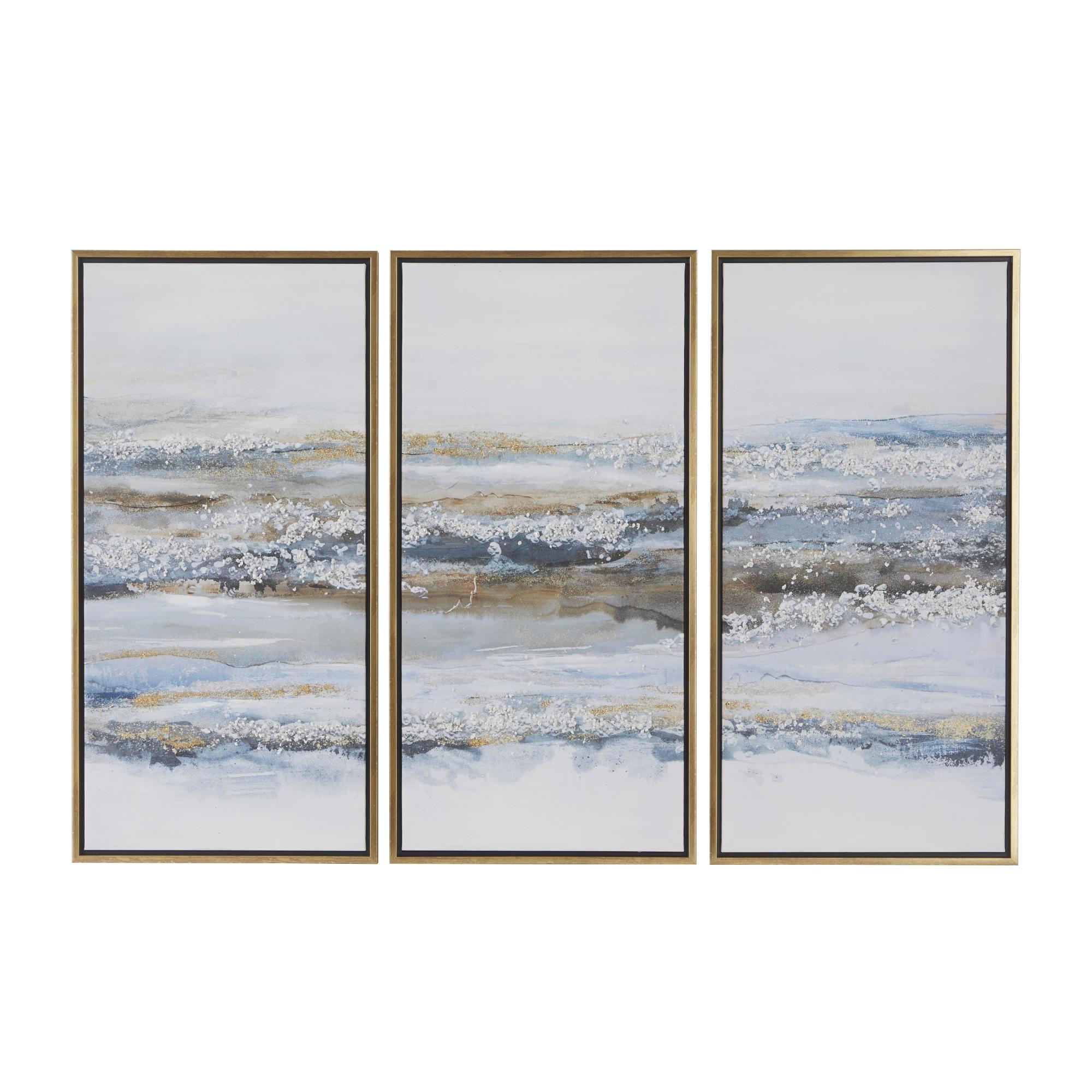 Set of 3 Landscape Blue Canvas Living Room Framed Wall Art with Gold Frame