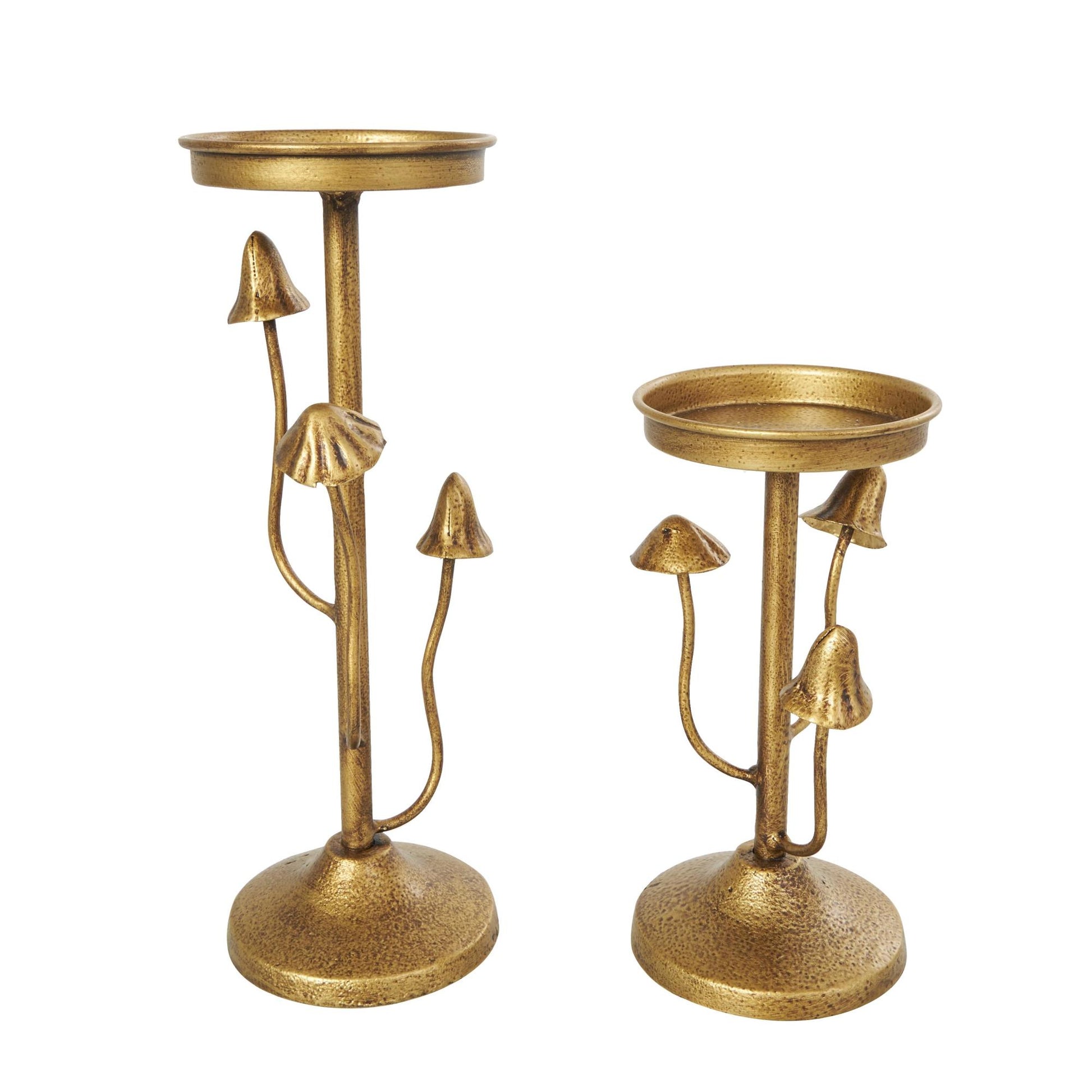 Set of 2 Abstract Gold Metal Mushroom Inspired Decorative Candle Holder