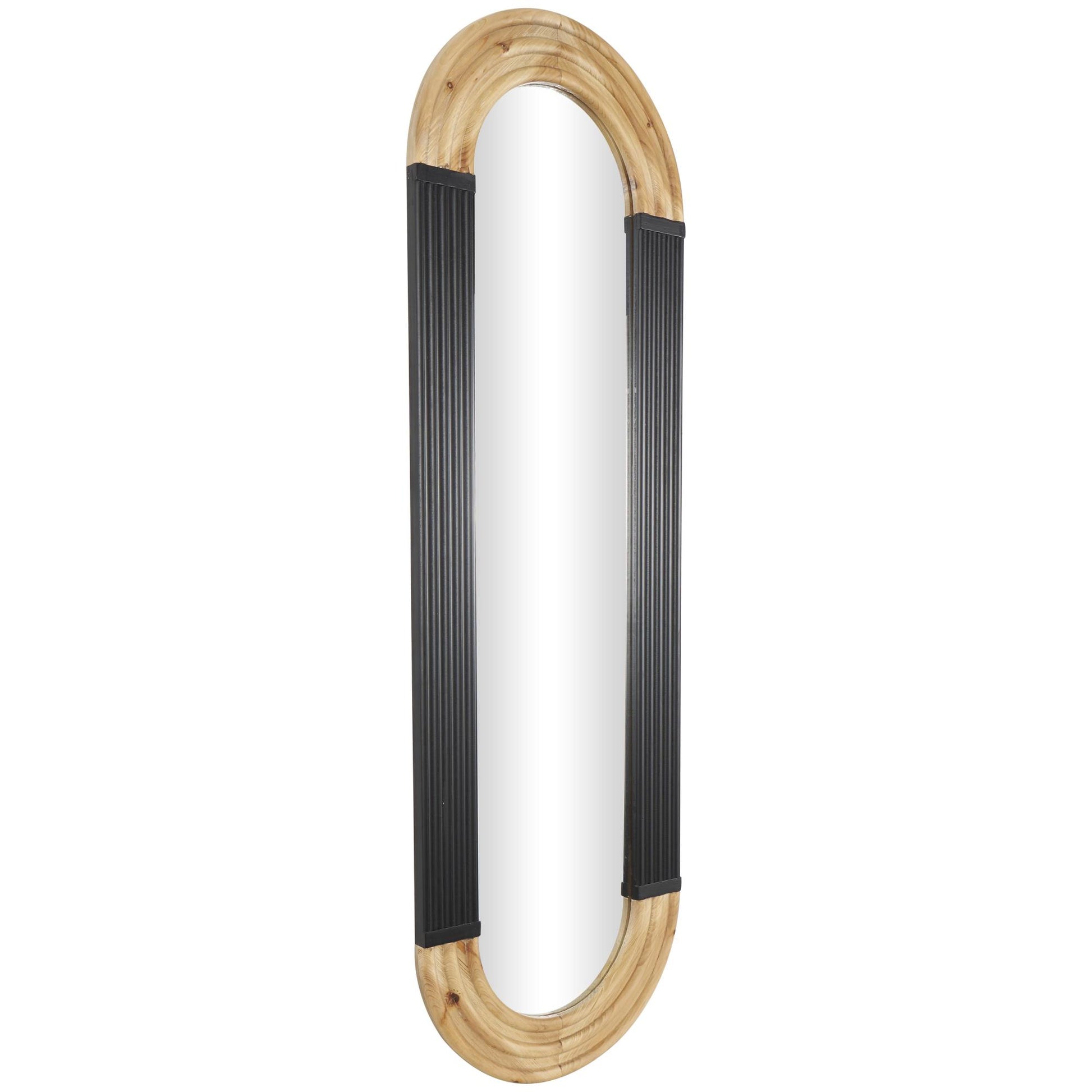 Wooden Ribbed Oval Room Wall Mirror with Brown Accents