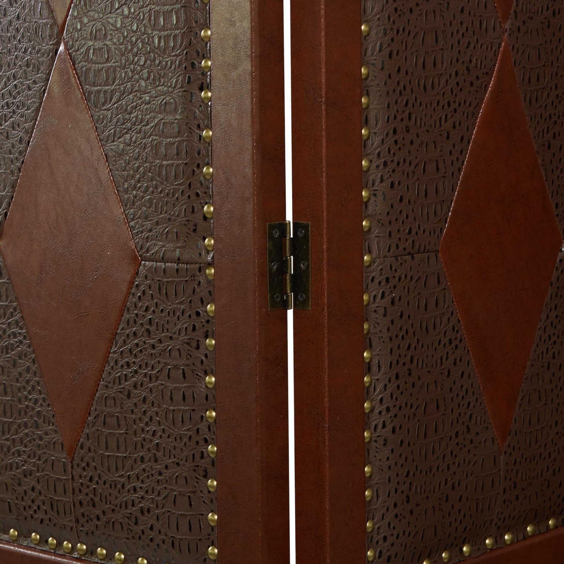 Scroll Brown Faux Leather Foldable Partition 4 Panel Partition Room Divider Screen with Faux Leather Detailing