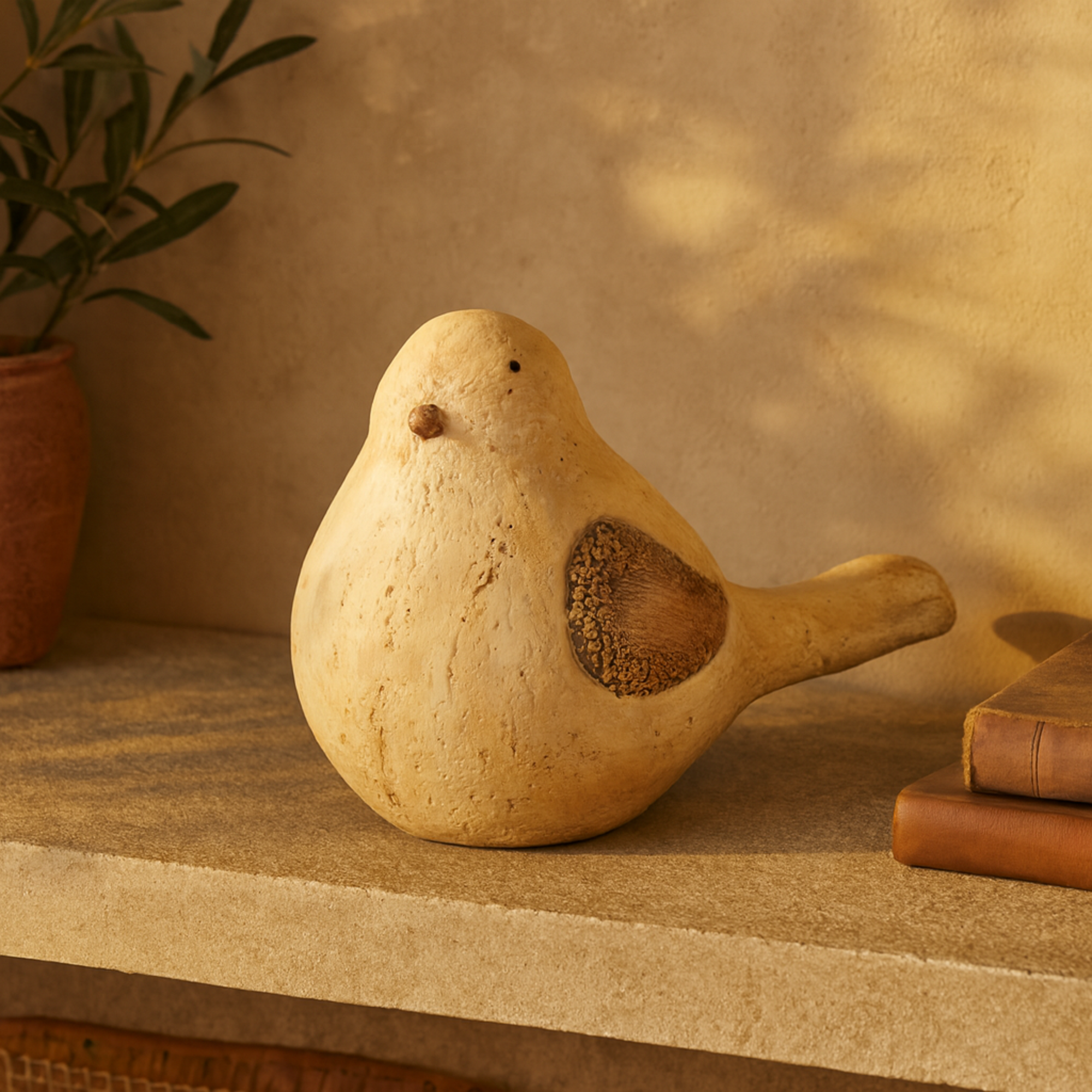 Bird Cream Magnesium Oxide Sitting Decorative Garden Sculpture with Brown Accents