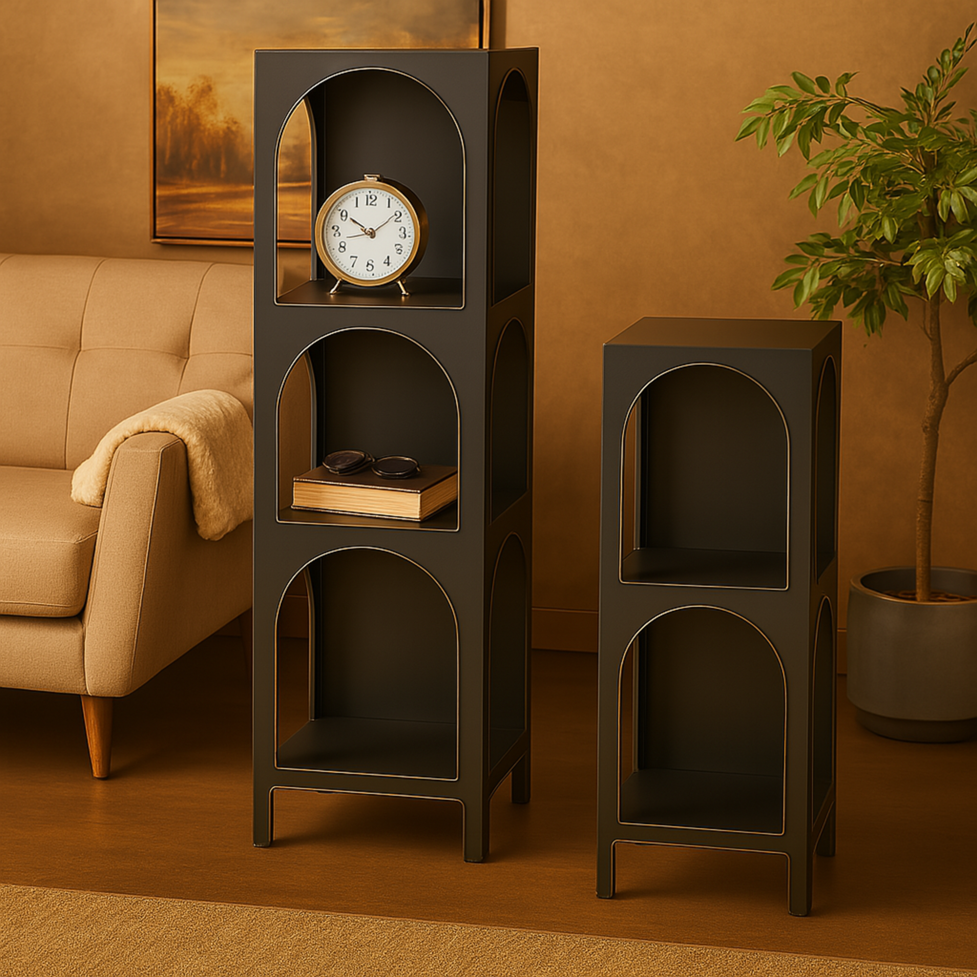 Set of 2 Black Metal 2 and 3 Shelf Storage Shelving Unit with Arched Openings