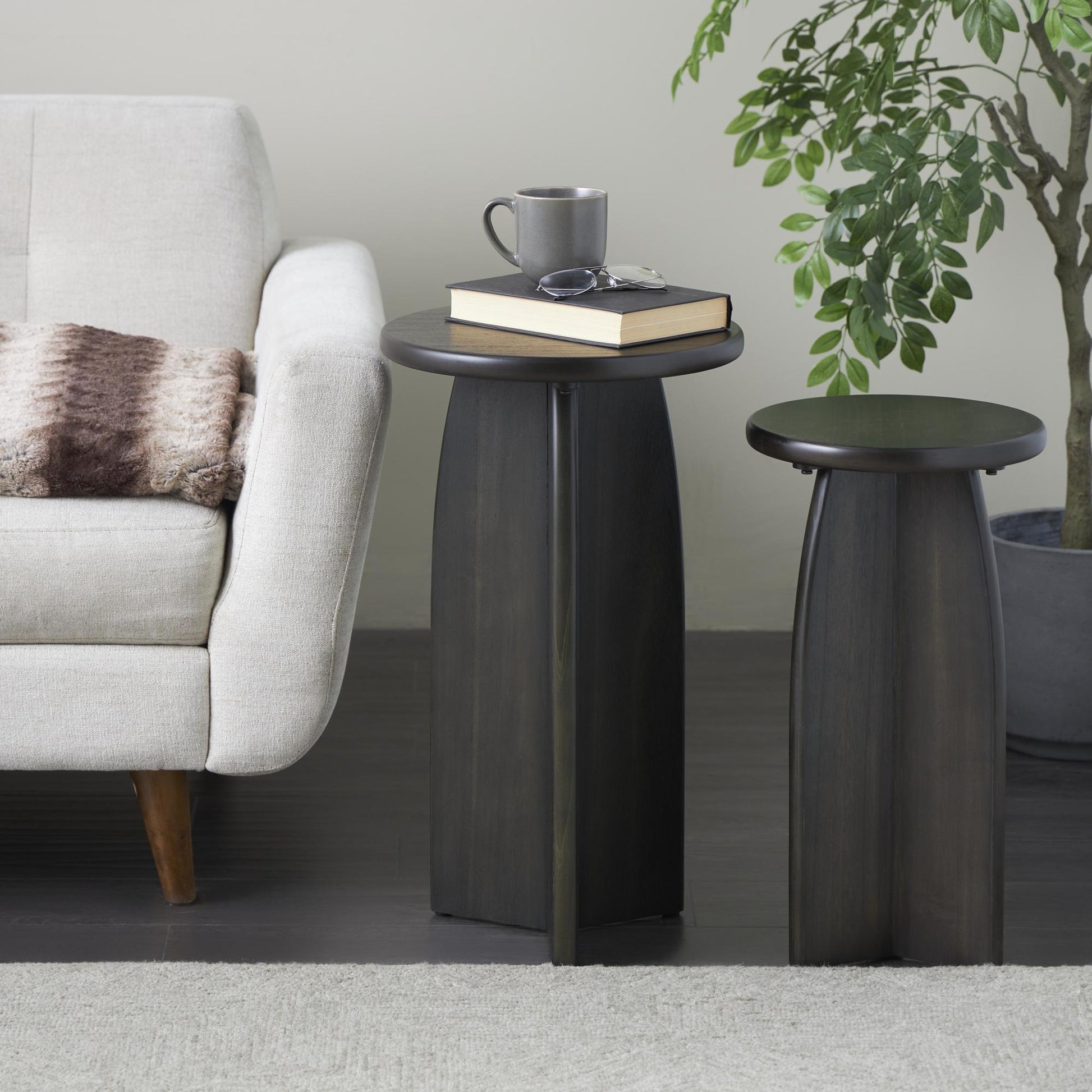 Set of 2 Wood Pedestal Side End Accent Table