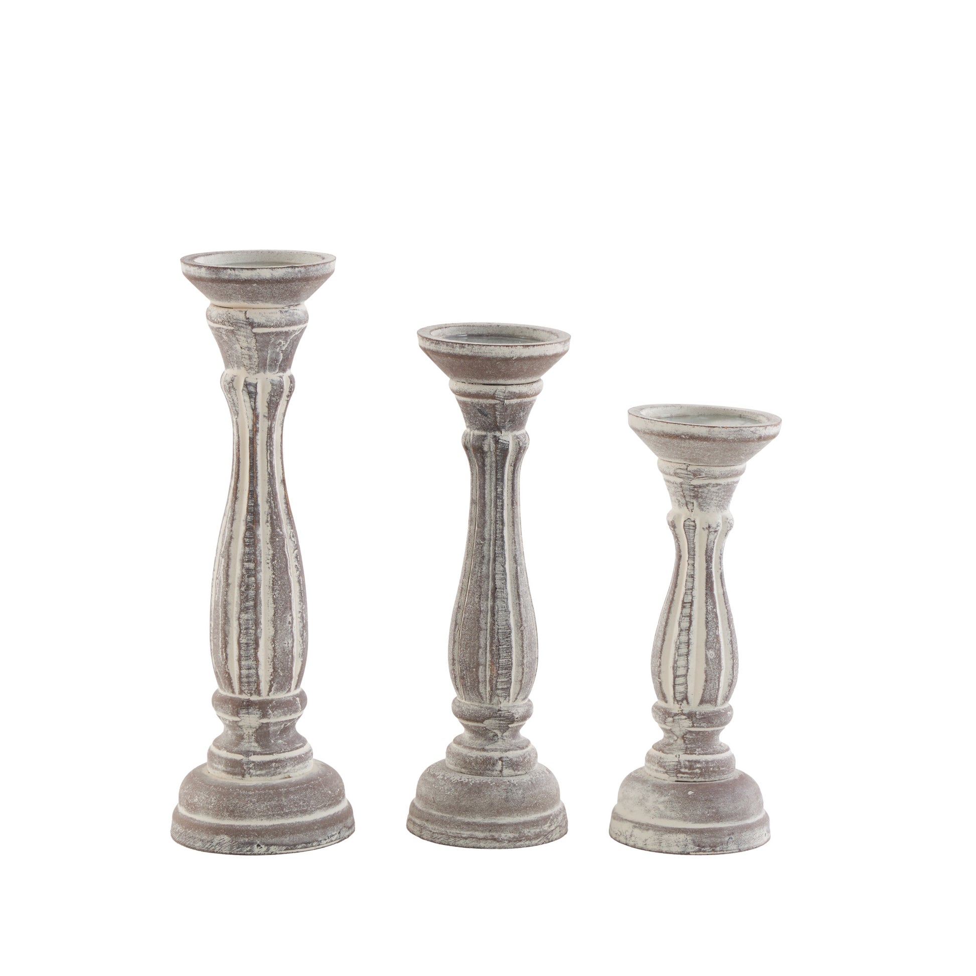 Set of 3 Wooden Distressed Turned Pillar Decorative Candle Holder