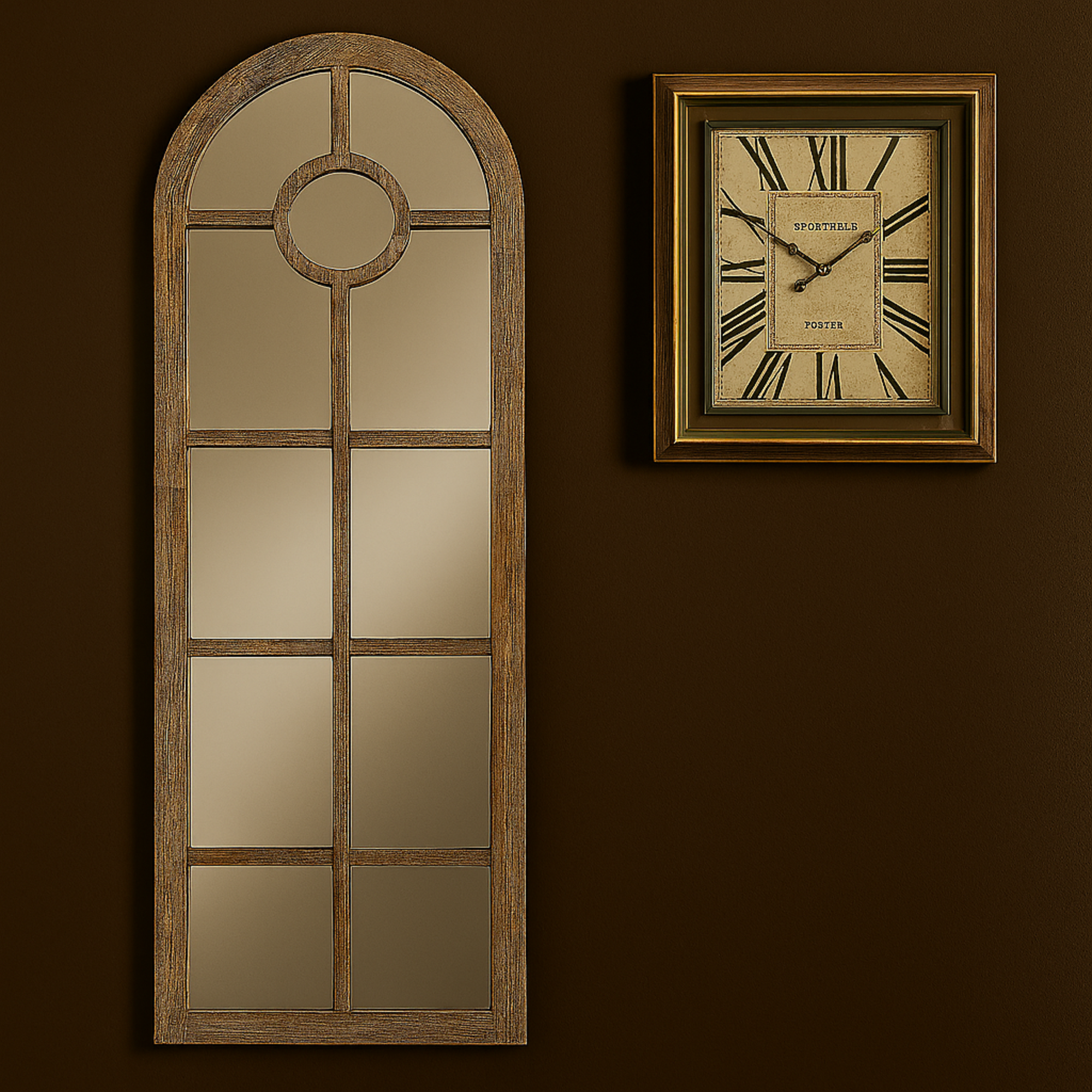 Brown Wood Arched Window Pane Room Wall Mirror
