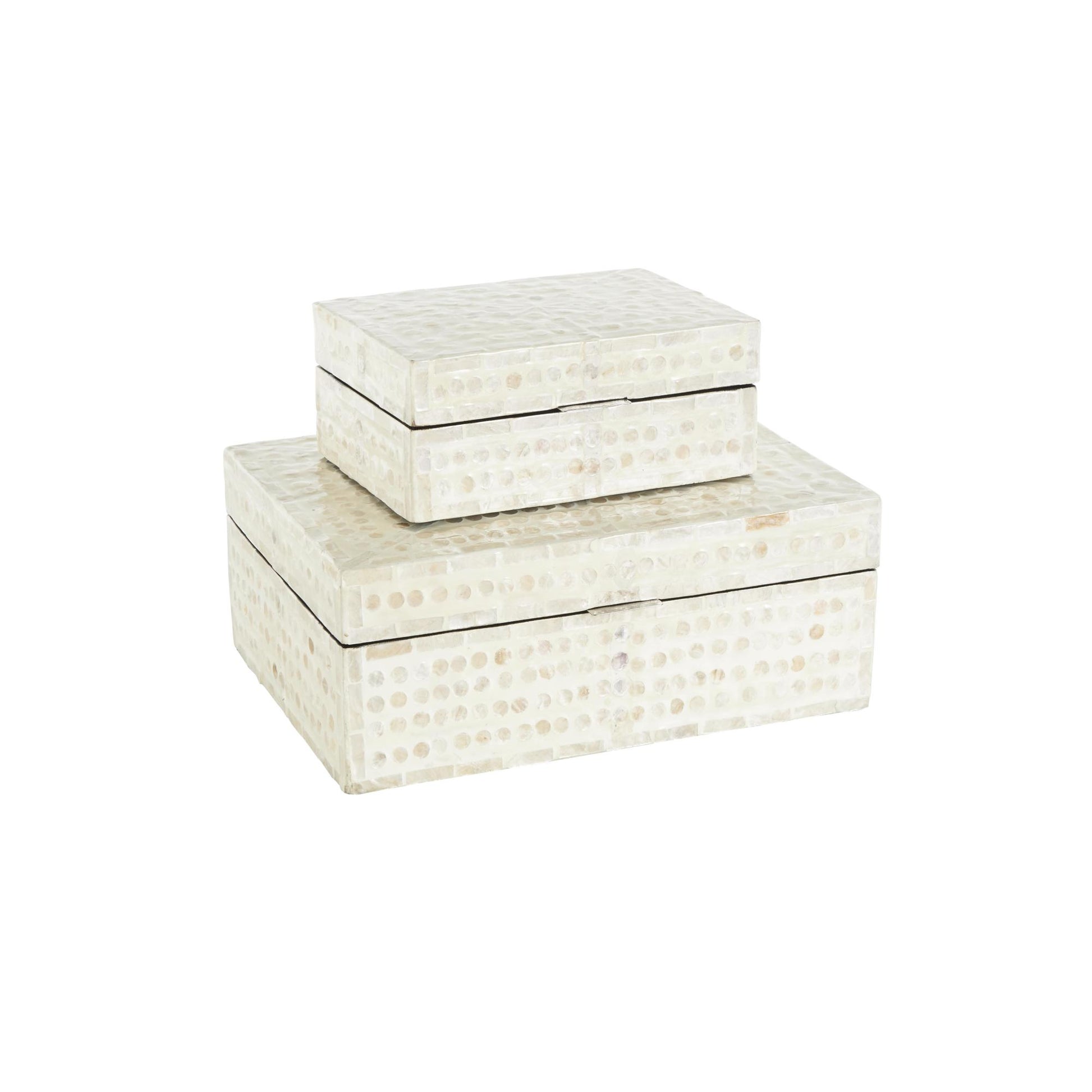 Set of 2 Geometric Cream Mother of Pearl Shell Handmade Mosaic Dot Storage Decorative Box with Brown Accents