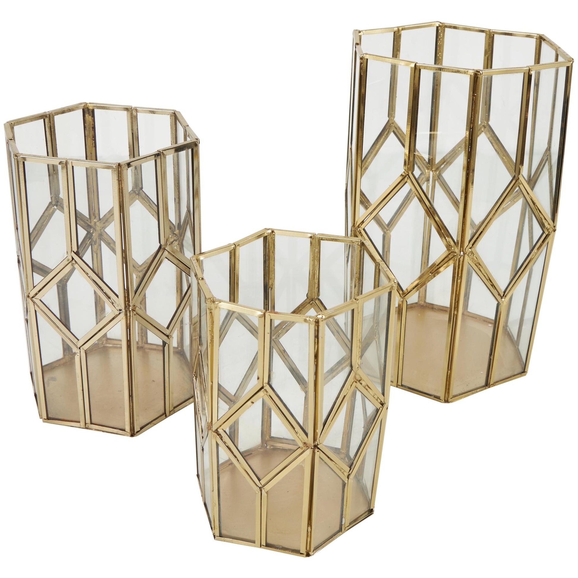 CosmoLiving by Cosmopolitan Set of 3 Geometric Gold Metal Diamond Patterned Hexagon Indoor Outdoor Candle Lantern with Clear Glass