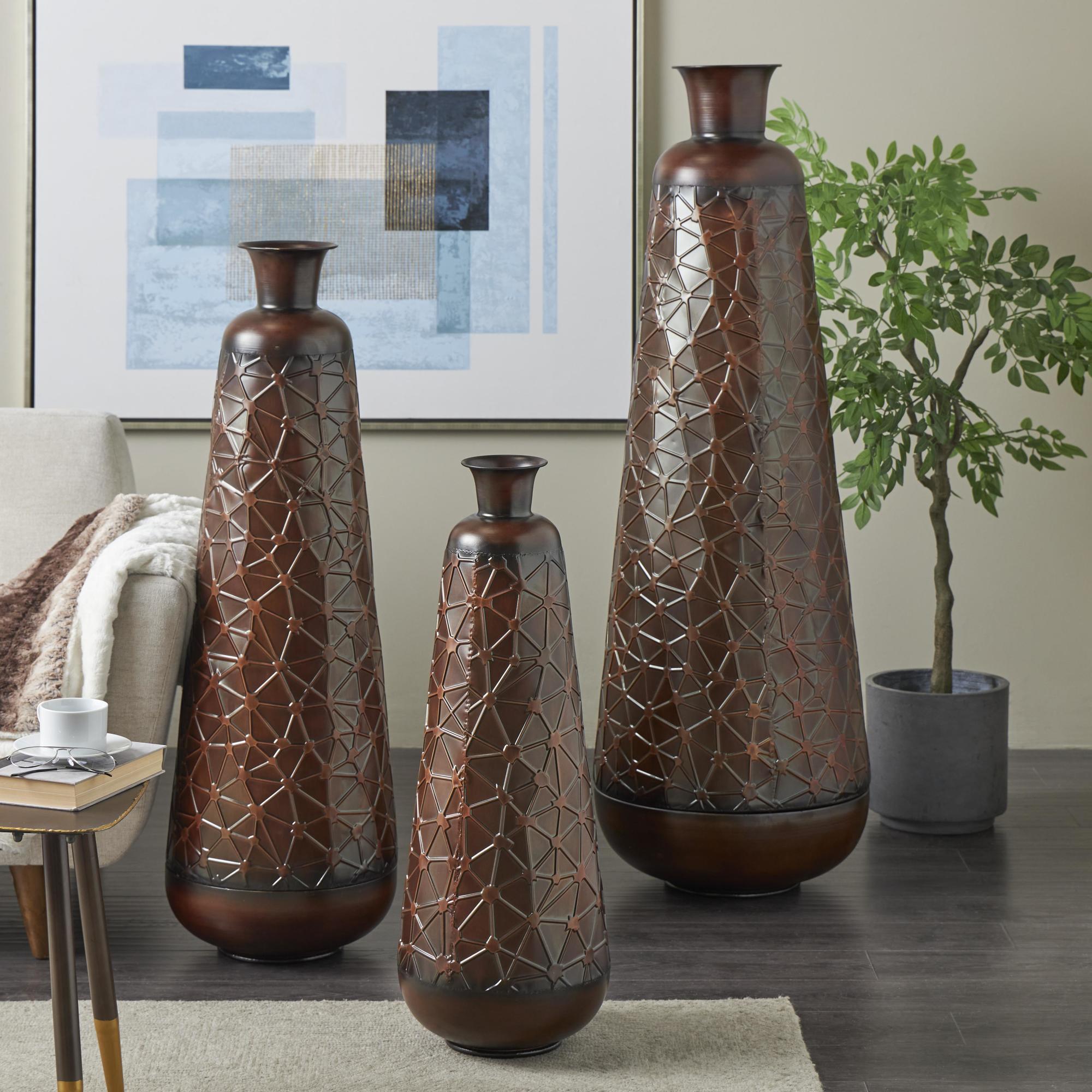 Set of 3 Metal Tall Tapered Floor Decorative Vase with Brown Trumpet Tops Set of 3 18", 39", 28"H