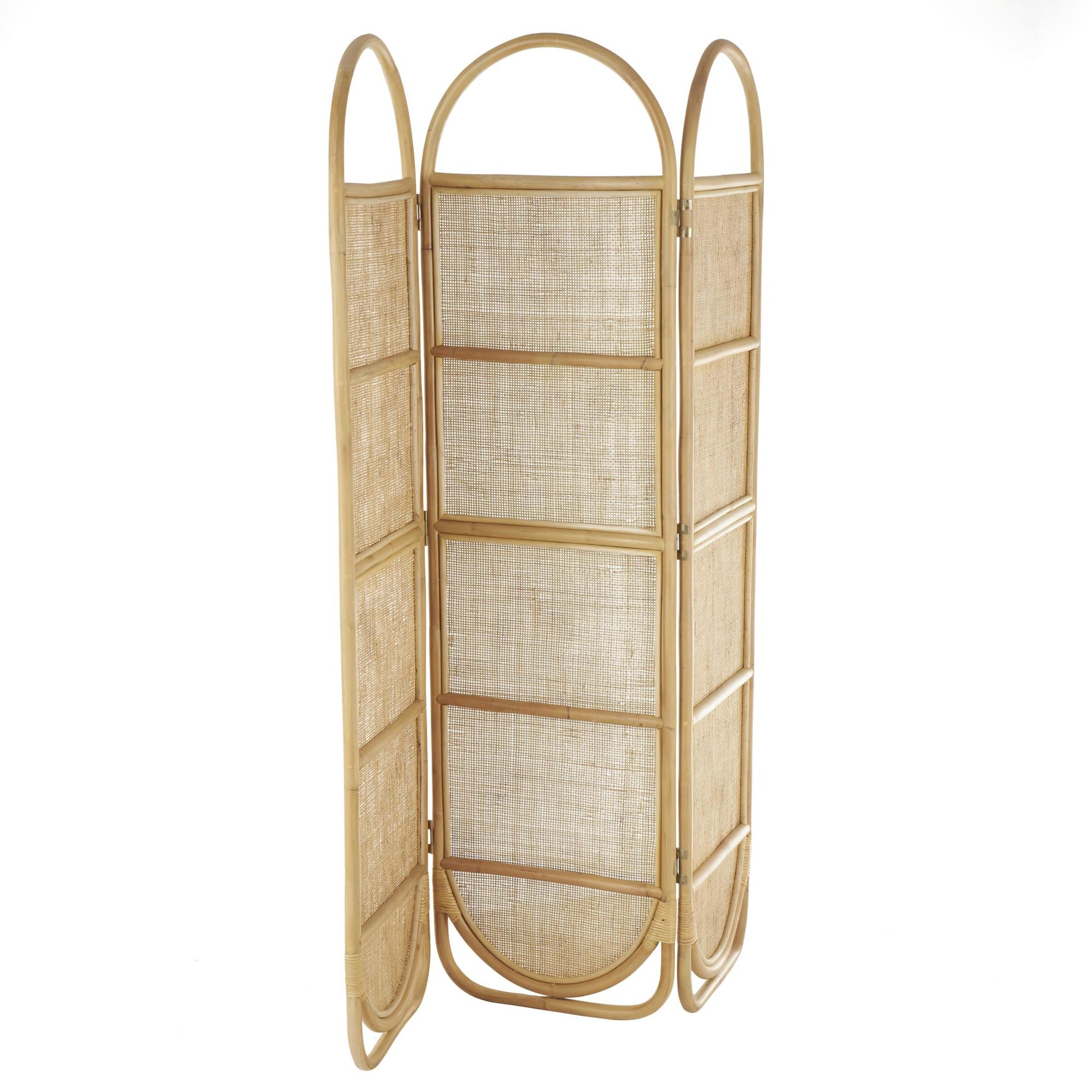 Geometric Light Brown Rattan Woven Arched Oval 3 Panel Partition Room Divider Screen