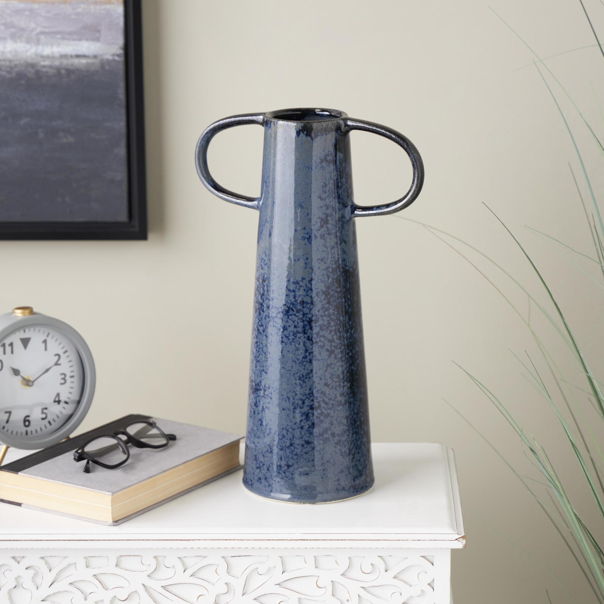 Dark Blue Ceramic Textured Cone Decorative Vase with Curved Handles