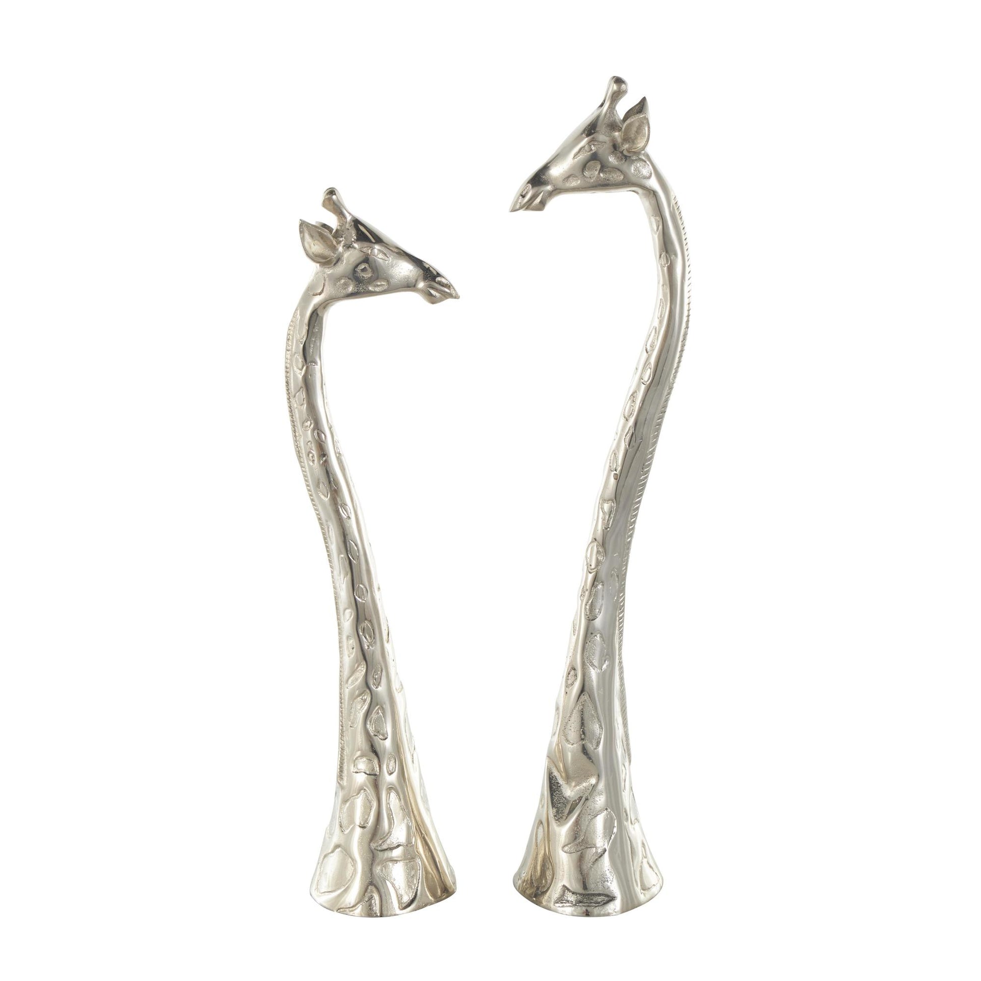 Set of 2 Giraffe Silver Aluminum Metal Tall Decorative Sculpture with Spotted Texturing