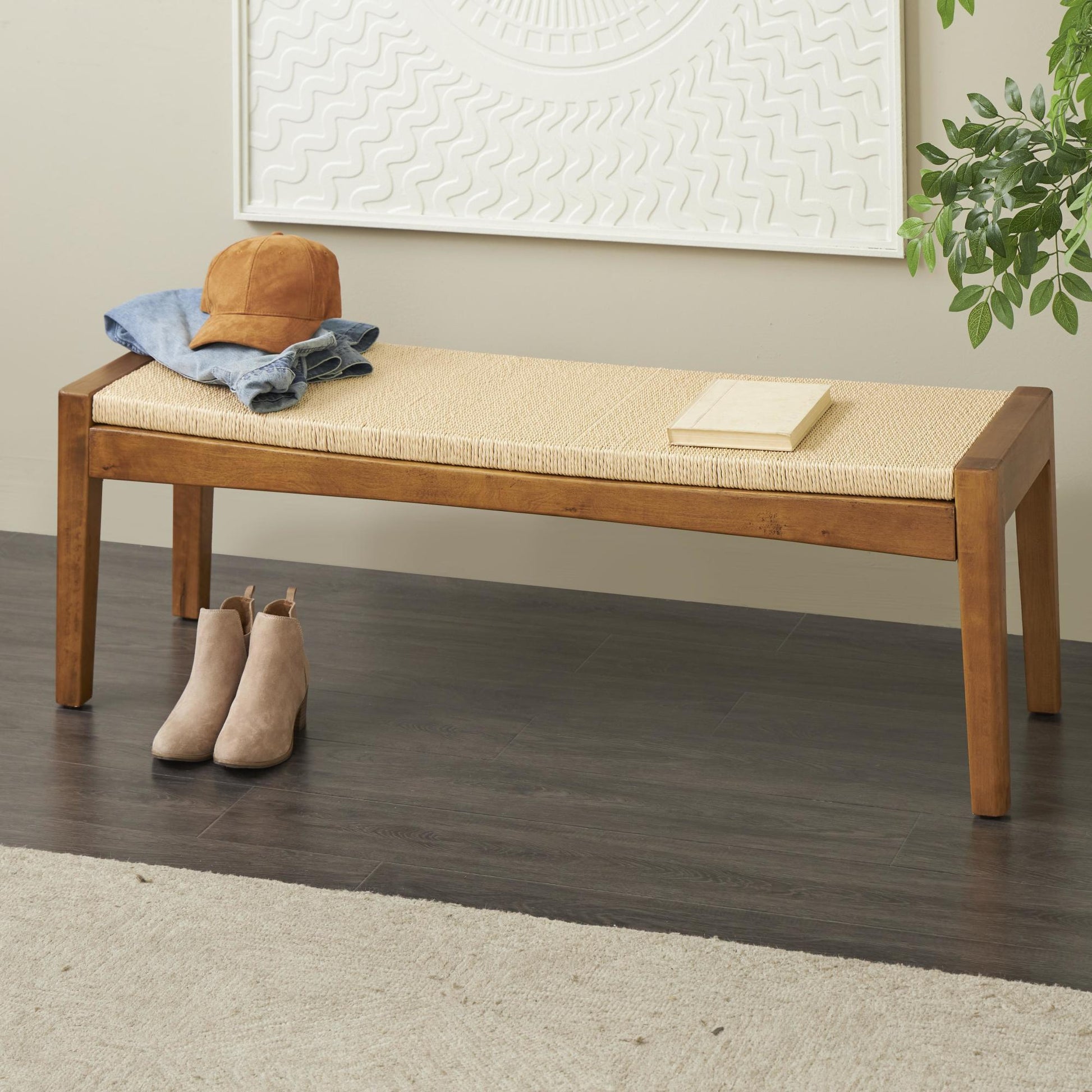 Brown Wood Handmade Traditional Home Bench with Rope Wrapped Seat