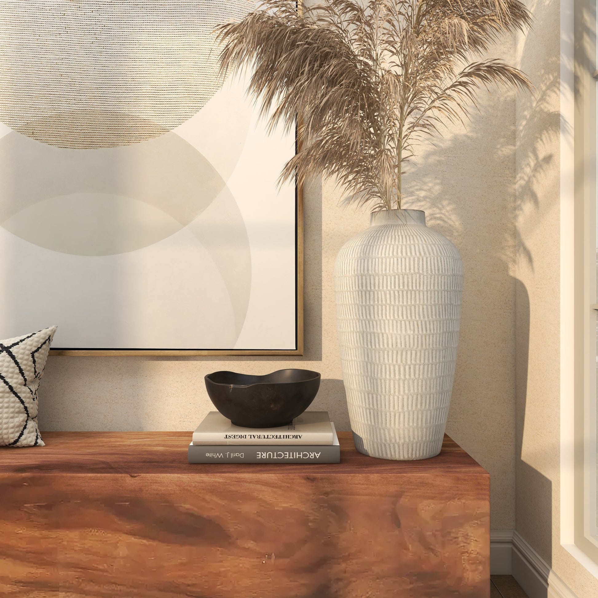 Cream Ceramic Textured Decorative Vase with Linear Pattern