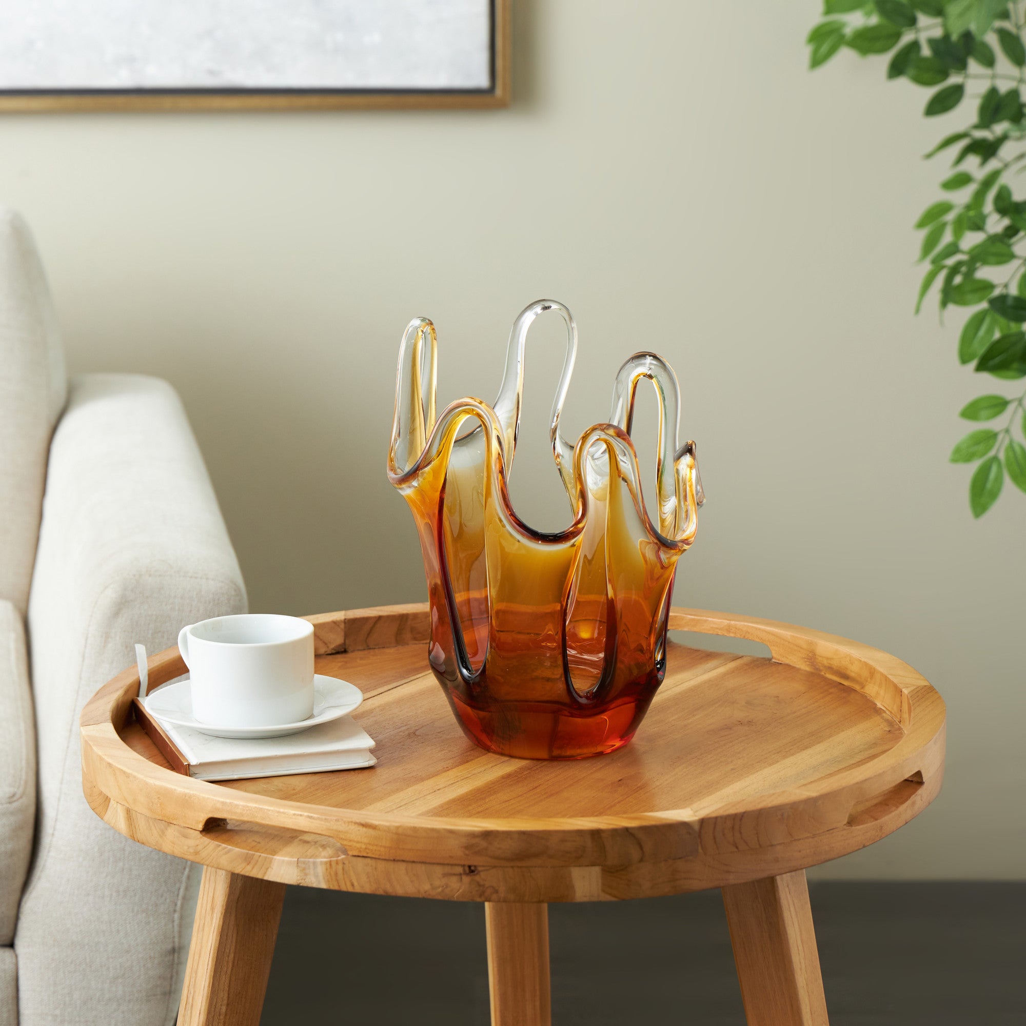 Abstract Orange Glass Ombre Decorative Vase with Wavy Oval Cutouts
