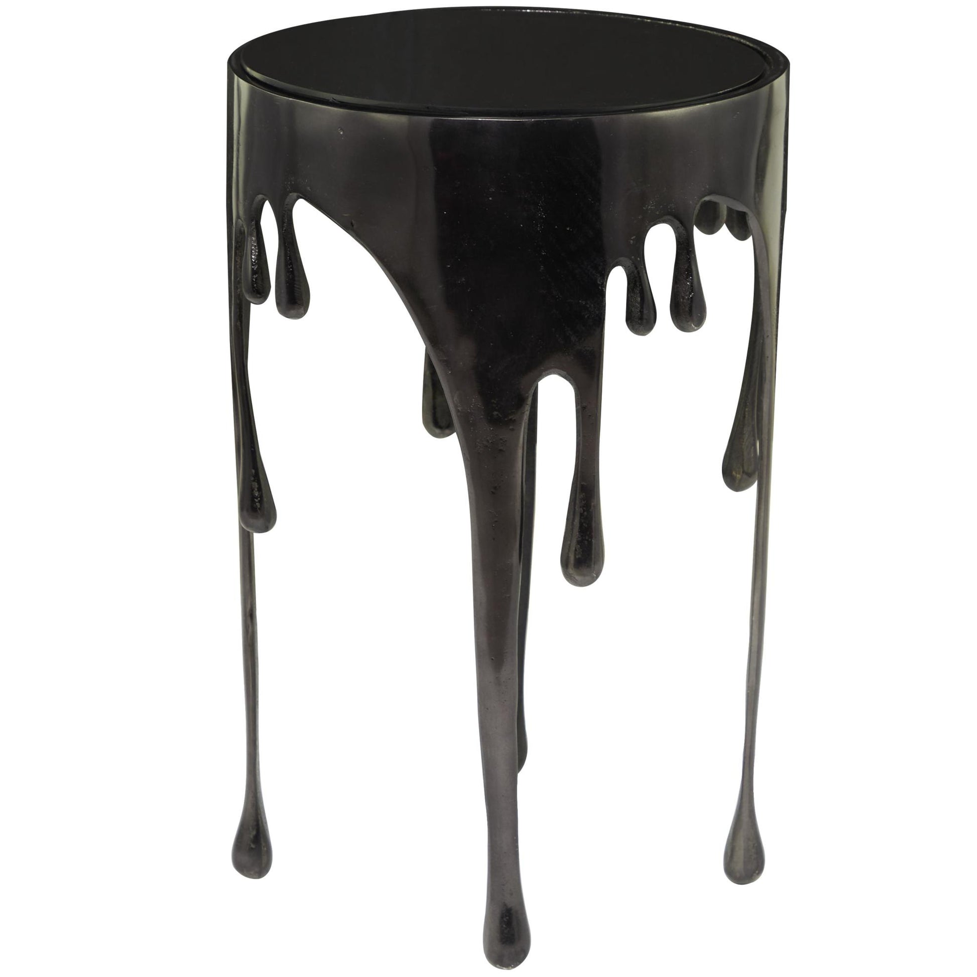 Abstract Aluminum Metal Drip Side End Accent Table with Melting Design and Shaded Glass Top