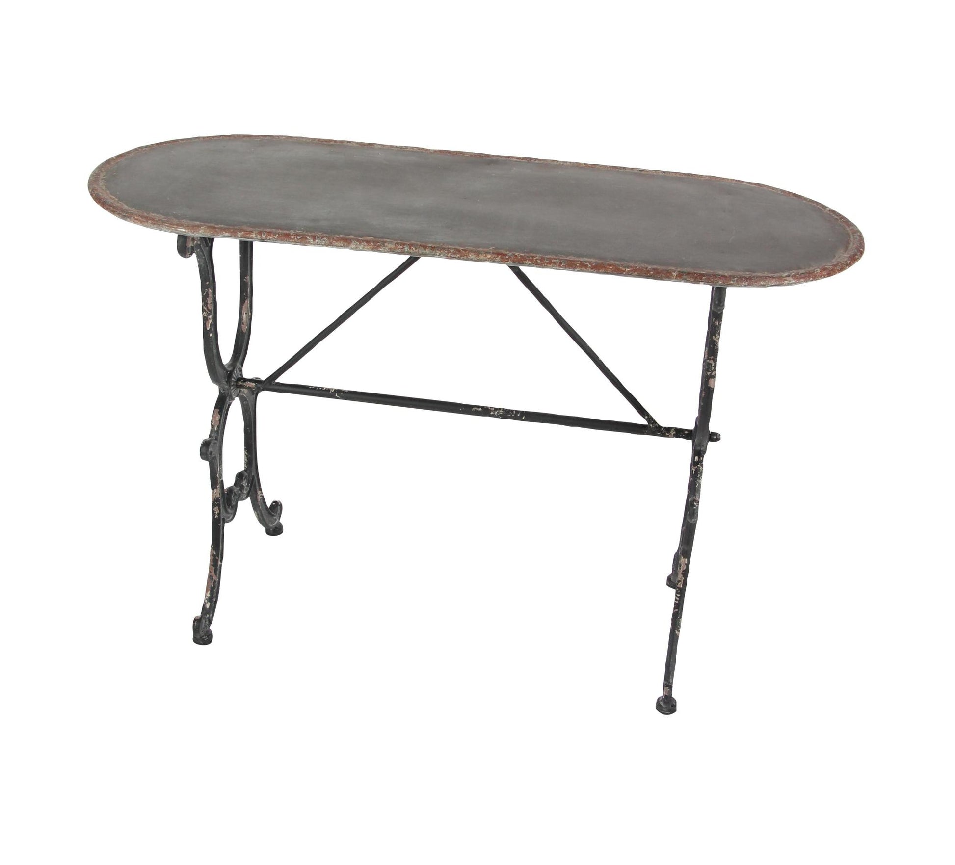 Scroll Gray Metal Oval Living Room Console Table with Distressed Accents