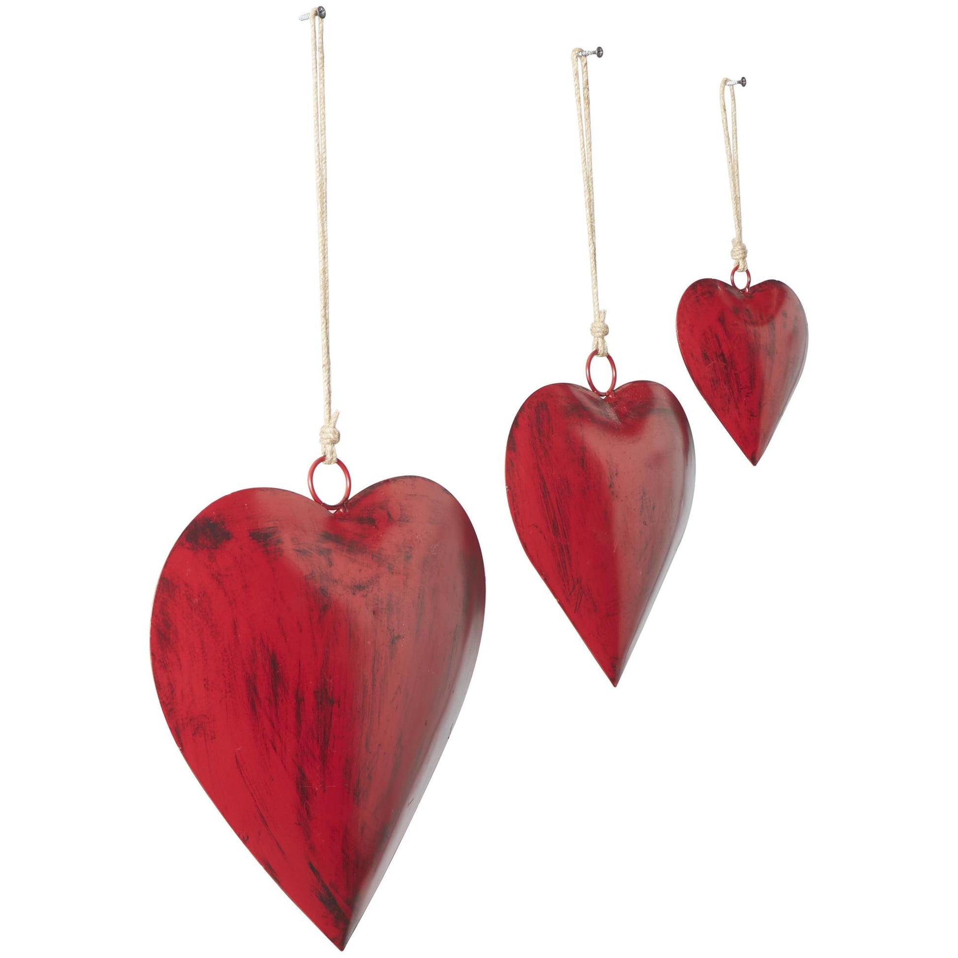 Set of 3 Heart Metal Tibetan Inspired Weathered Indoor Outdoor Decorative Bells with Jute Hanging Rope