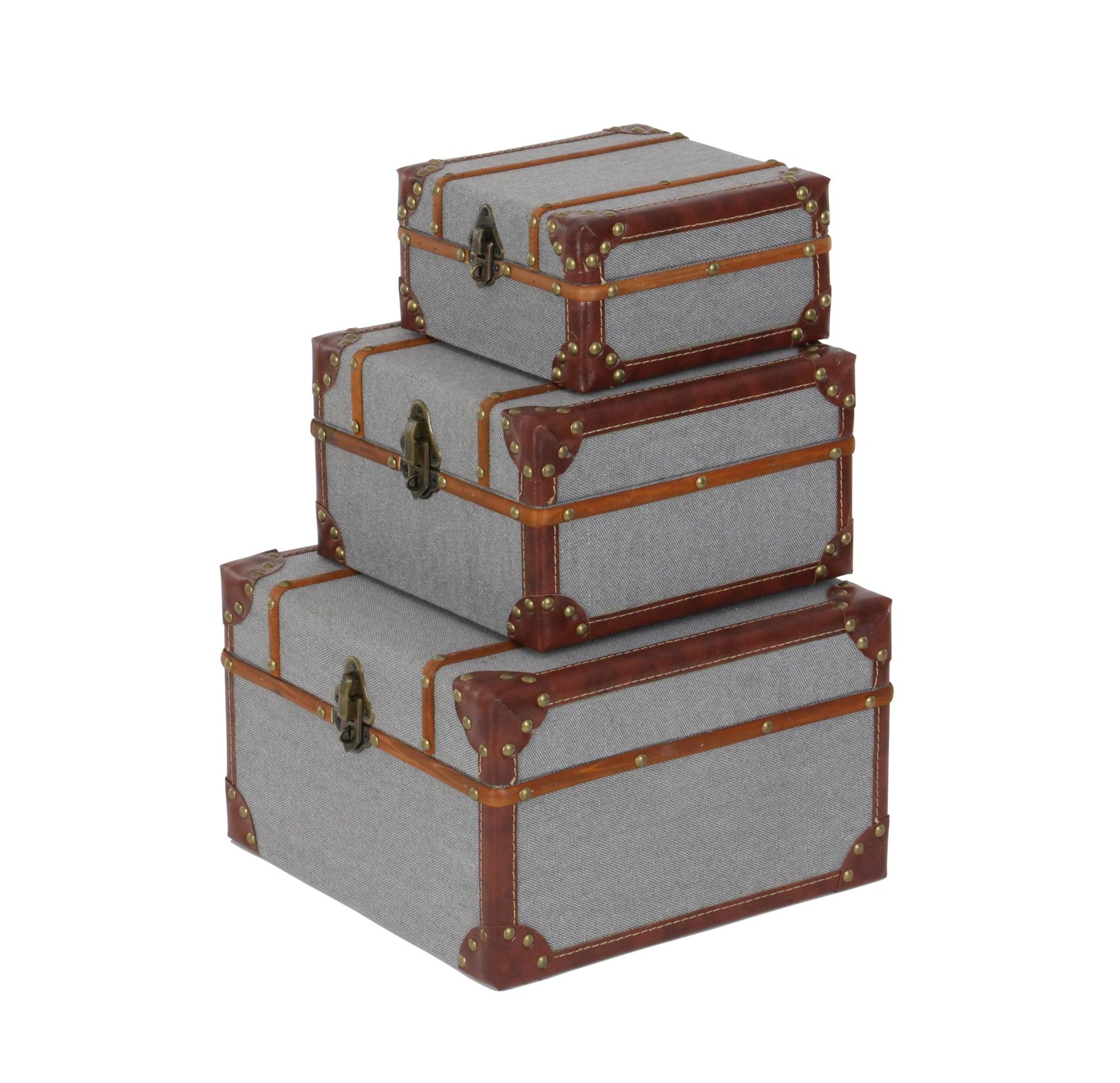 Set of 3 Gray Wooden Upholstered Decorative Box with Hinged Lid