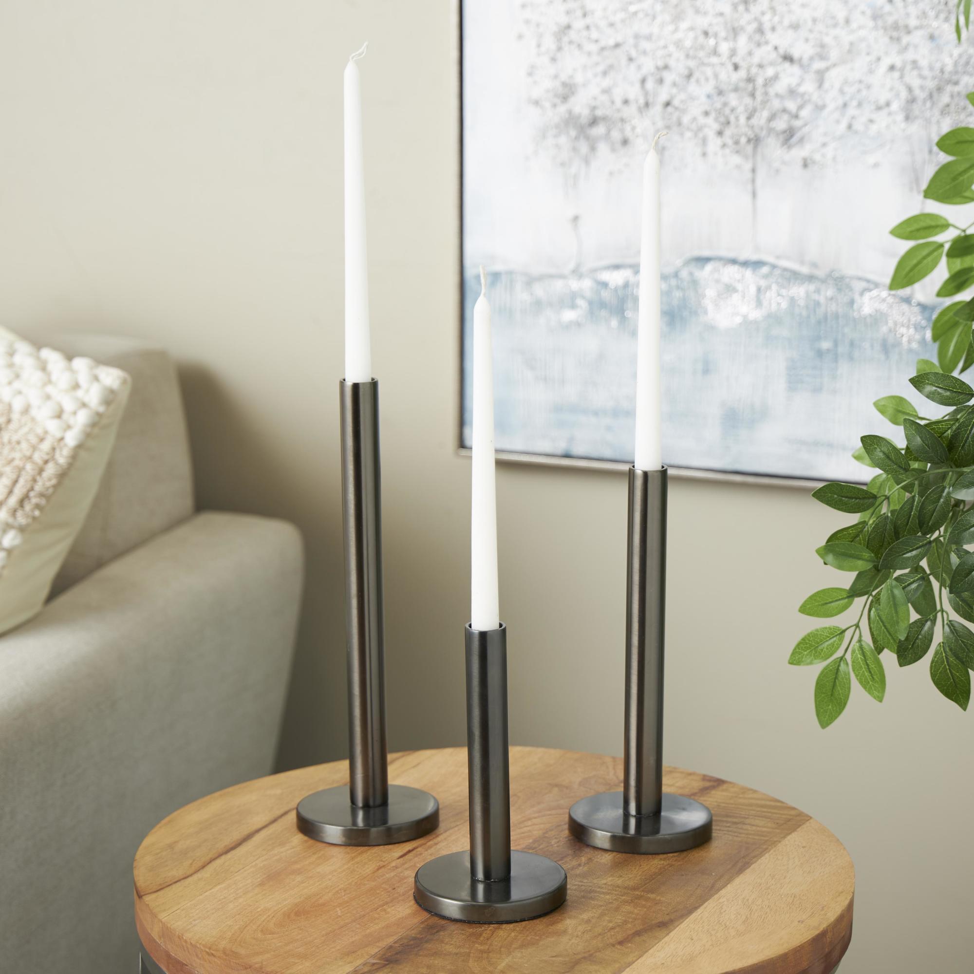 Set of 3 Black Stainless Steel Metal Slim Decorative Candle Holder with Round Base