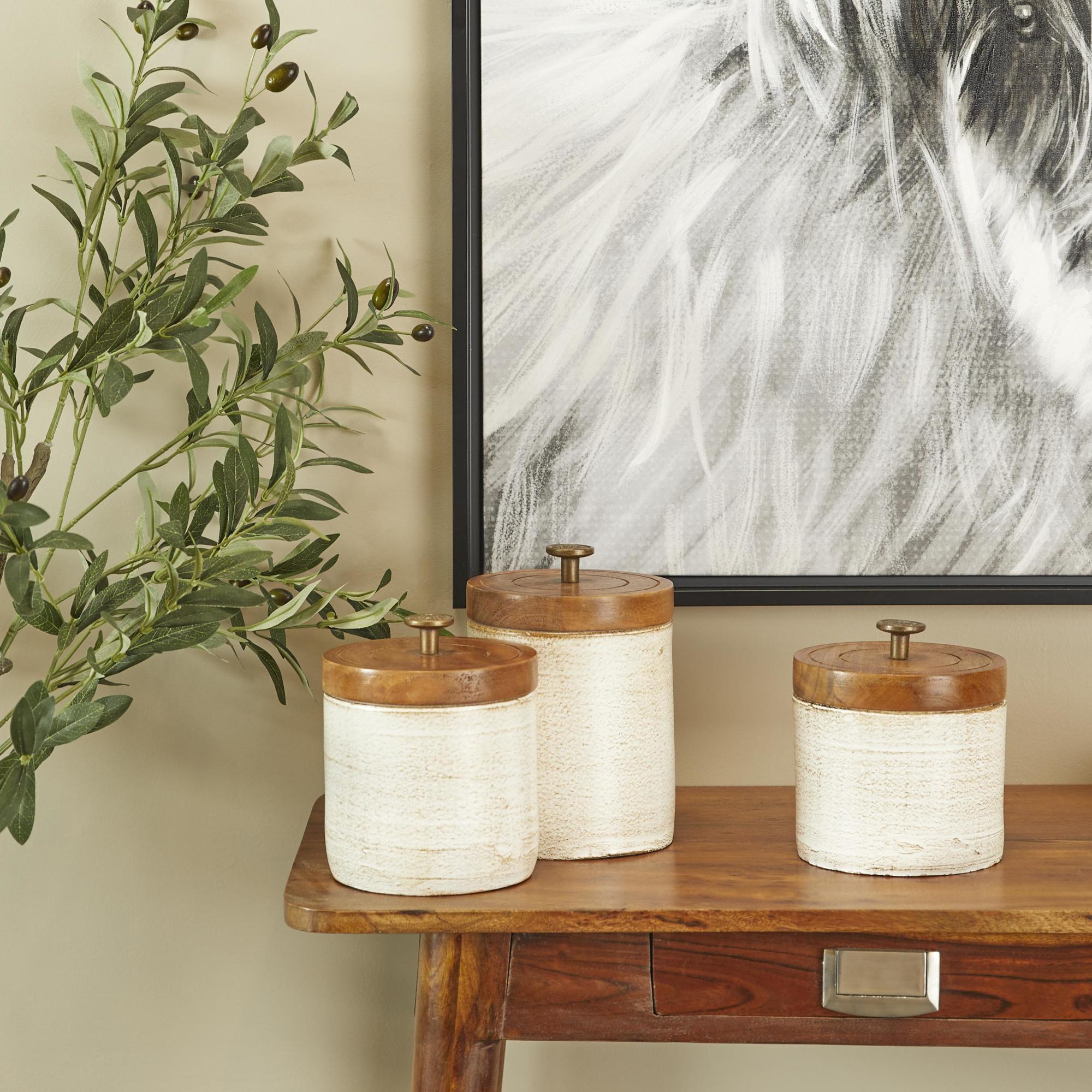 Set of 3 White Ceramic Living Room Decorative Jars with Wood Lids