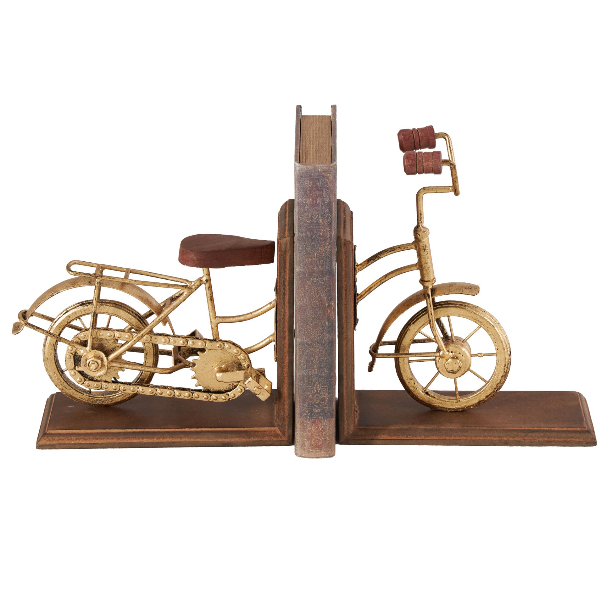 Set of 2 Bike Brass Wooden Decorative Bookends