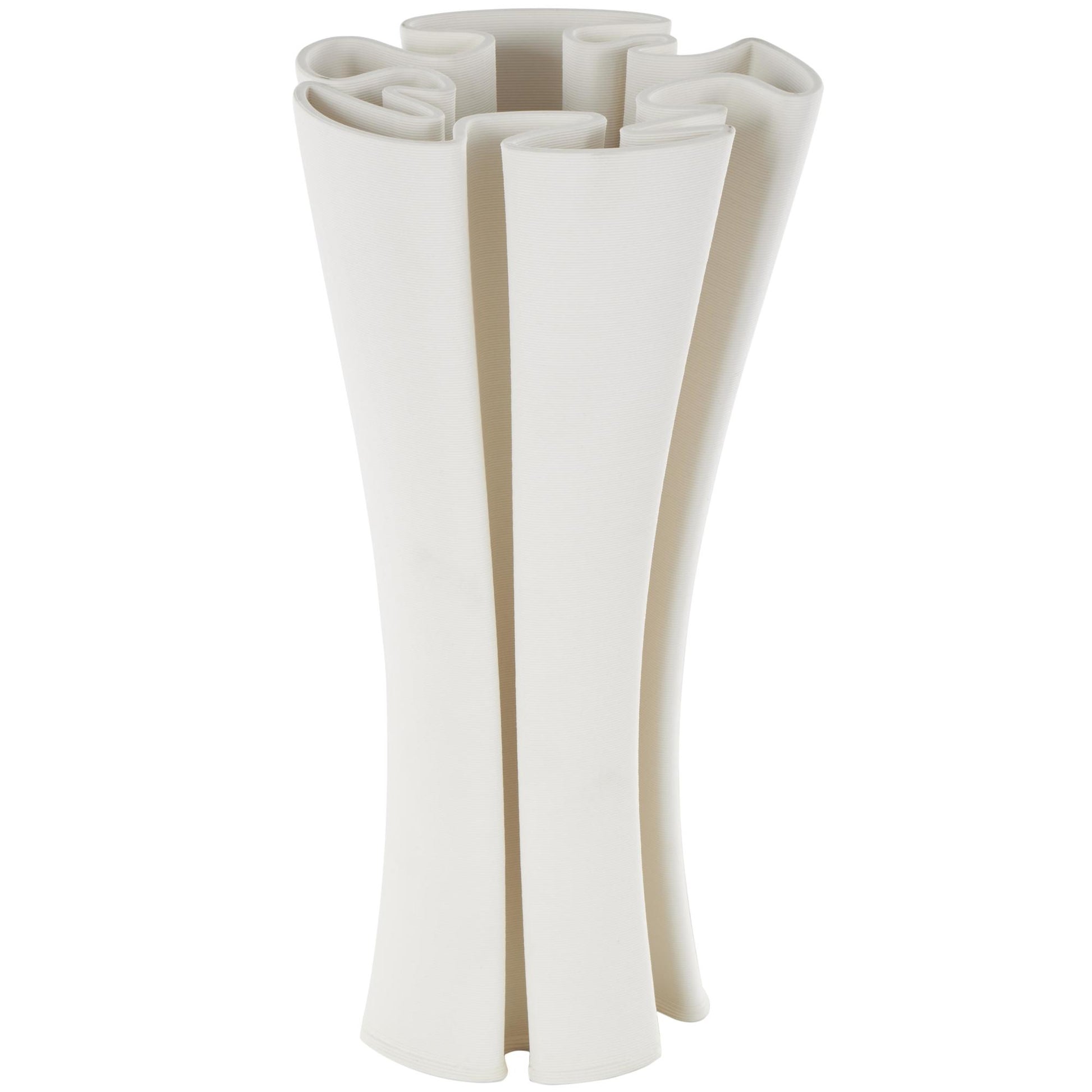 Abstract White Ceramic Ribbed Dimensional Folded Decorative Vase with Curvy Rim