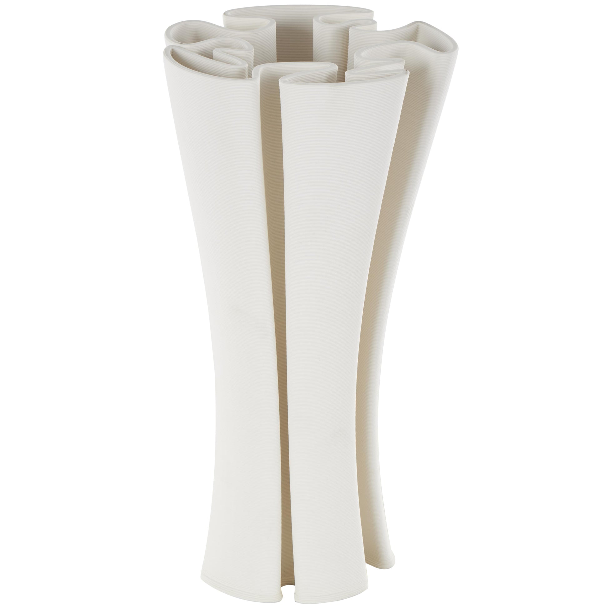 Abstract White Ceramic Ribbed Dimensional Folded Decorative Vase with Curvy Rim