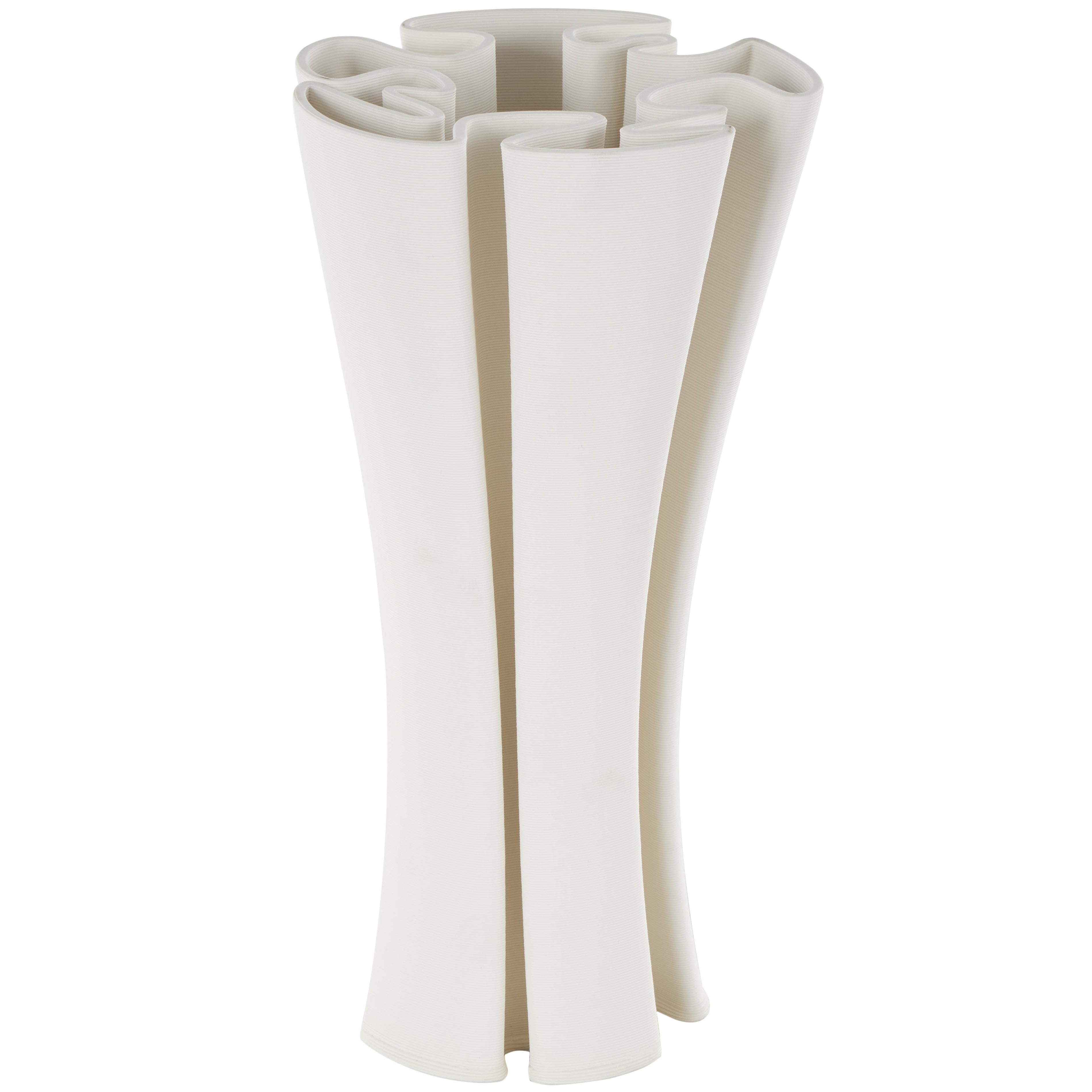 Abstract White Ceramic Ribbed Dimensional Folded Decorative Vase with Curvy Rim