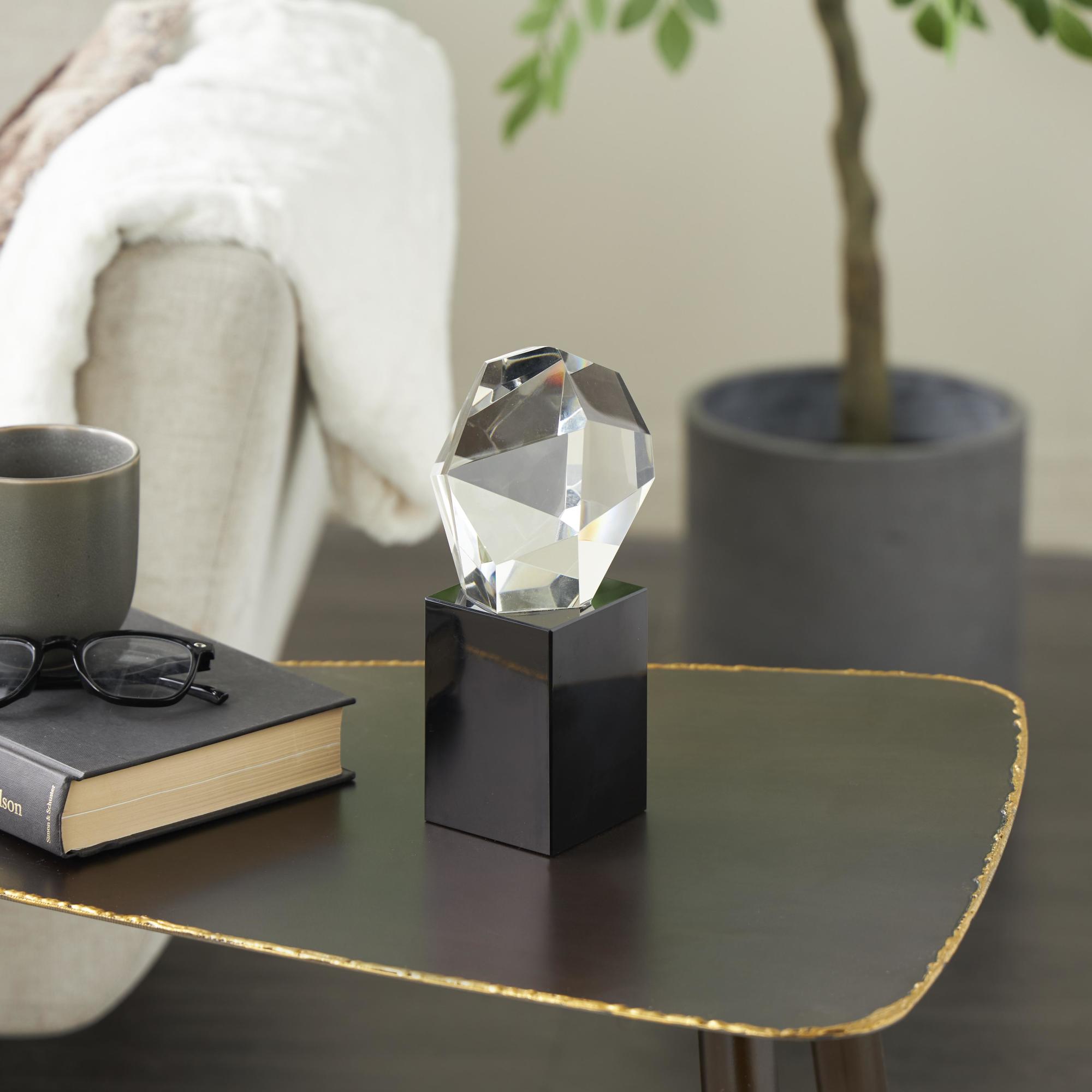 Geometric Clear Glass Cut Stone Inspired Decorative Sculpture with Black Base