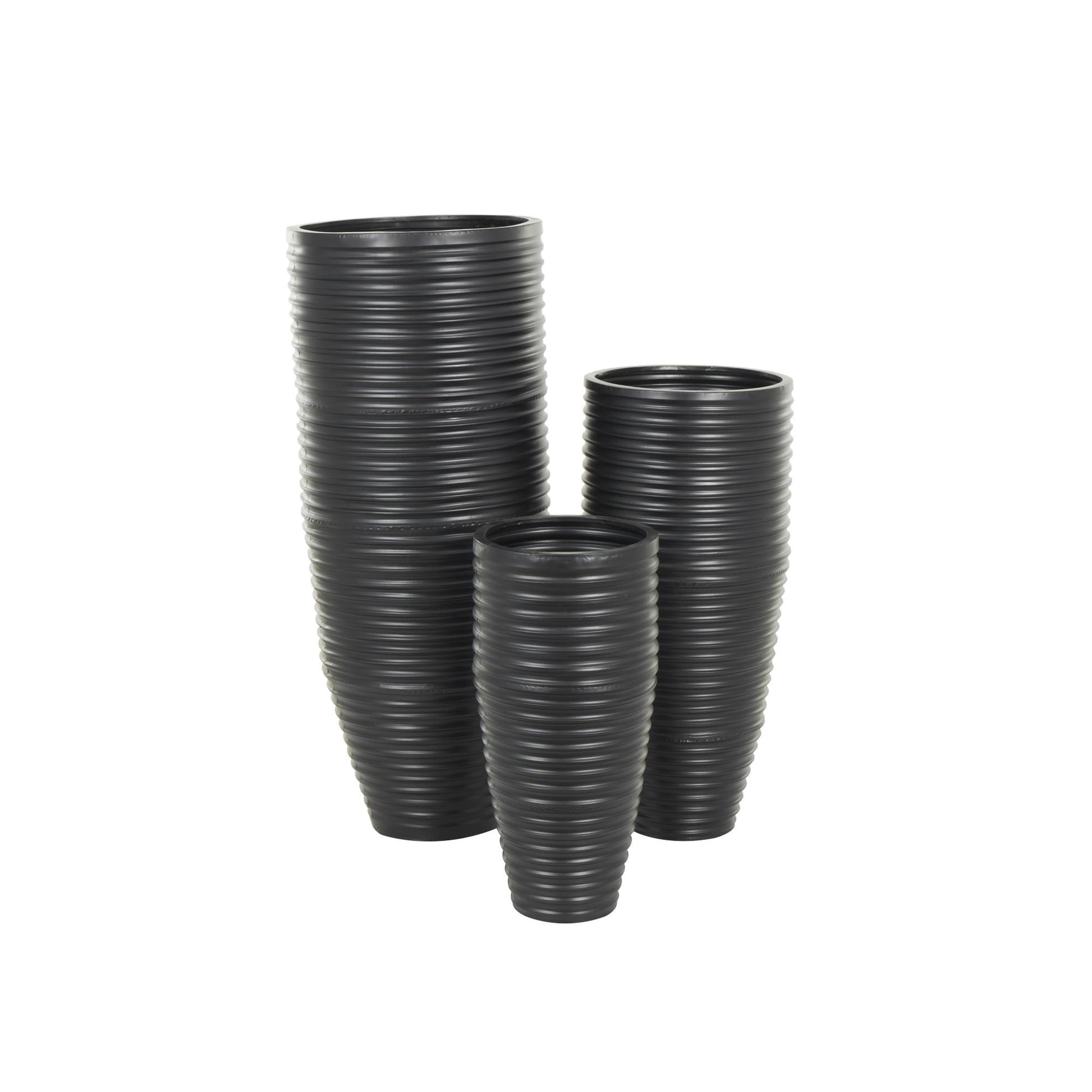 Set of 3 Black Metal Ribbed Tall Floor Decorative Vase with Horizontal Grooves