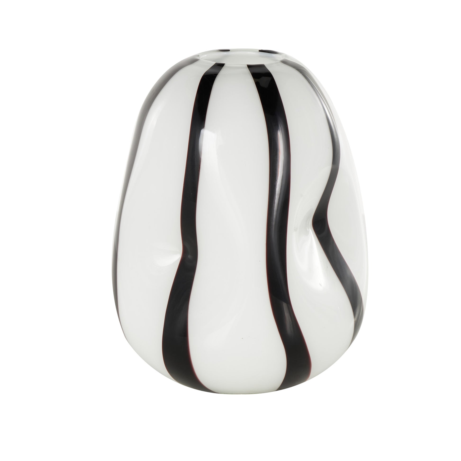 White Glass Concaved Round Decorative Vase with Black Stripes