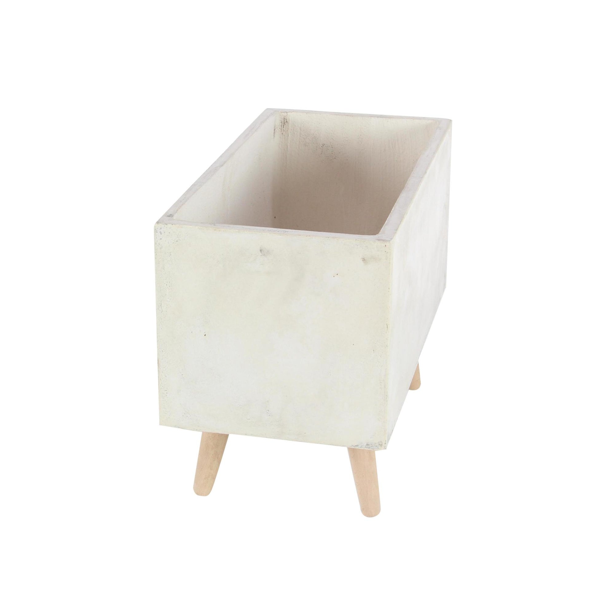 Set of 2 White Fiberclay Ceramic Rectangular Indoor Outdoor Planter with Brown Wooden Legs