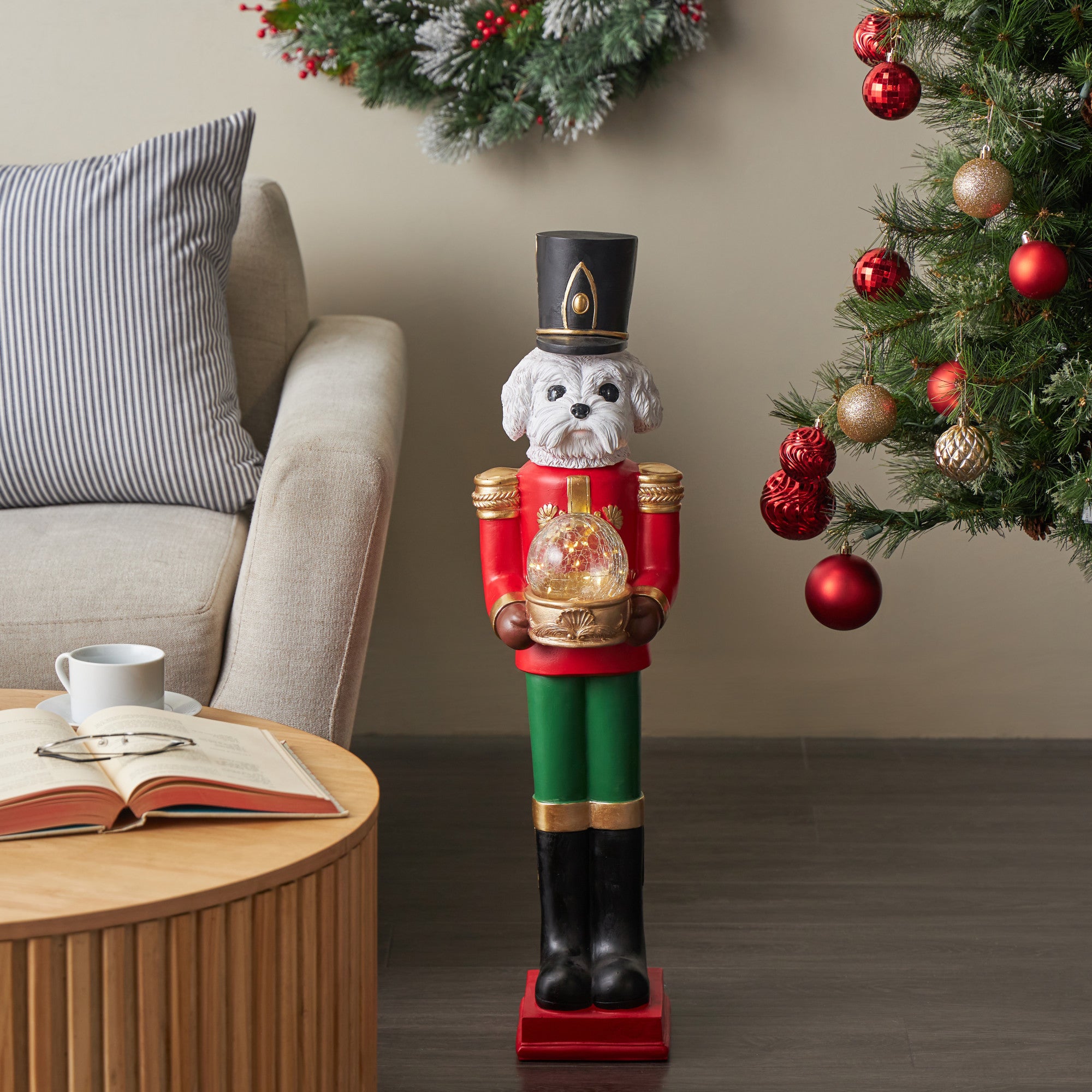 Dog Red Fiberglass Tall Soldier Nutcracker Decorative Christmas Sculpture with LED Light Snow Globe