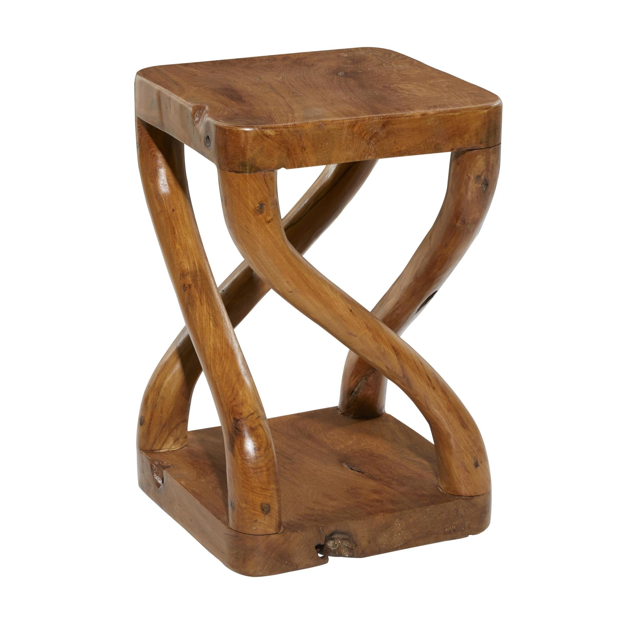 Brown Teak Wood Handmade Live Edge Side End Accent Table with Curved Legs