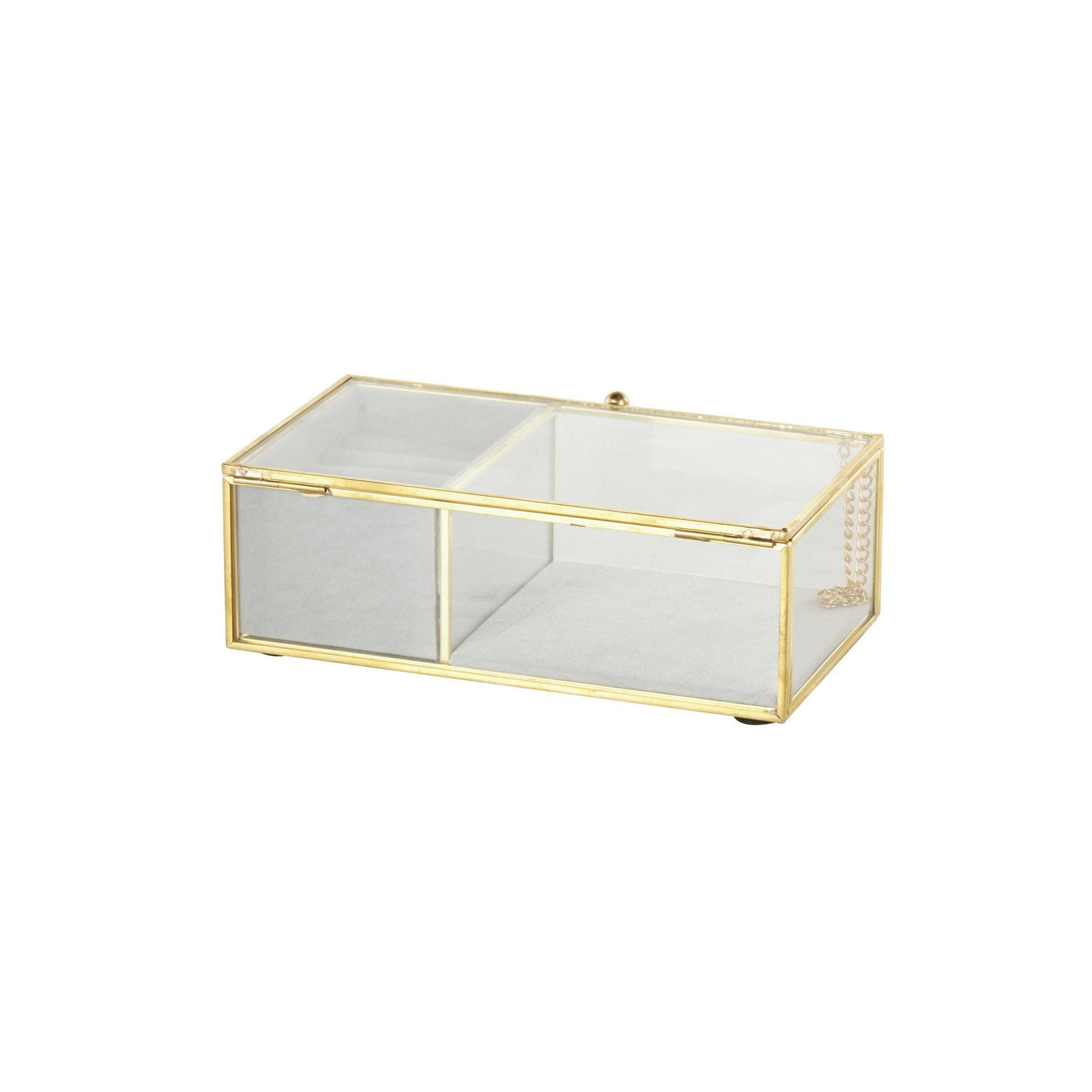 Clear Glass Decorative Jewelry Box with Gold Metal Frame and Gray Fabric Interior with Ring Slots