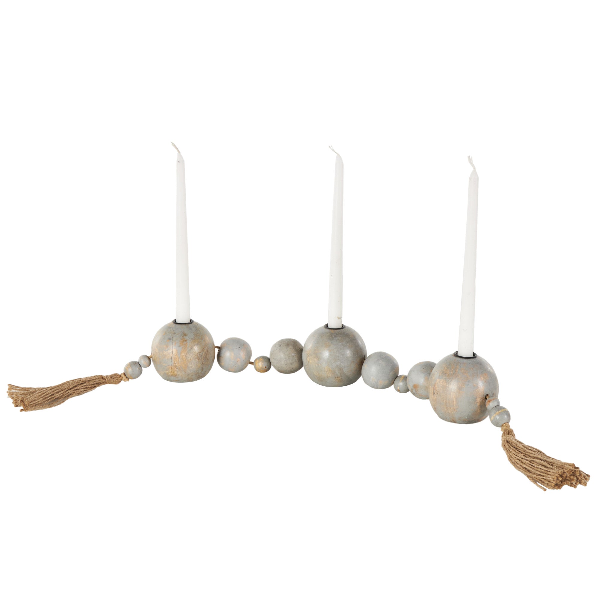 Mango Wood Handmade Garland Decorative Candle Holder with Brown Tassel