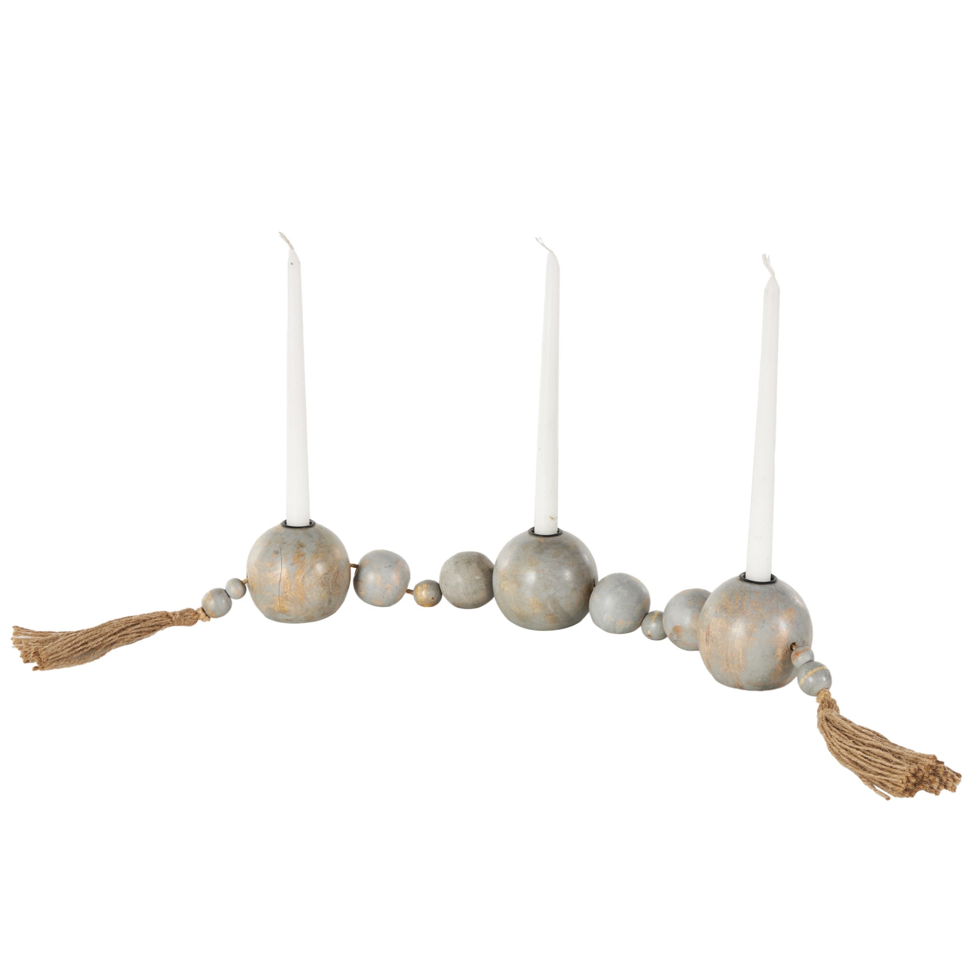 Mango Wood Handmade Garland Decorative Candle Holder with Brown Tassel