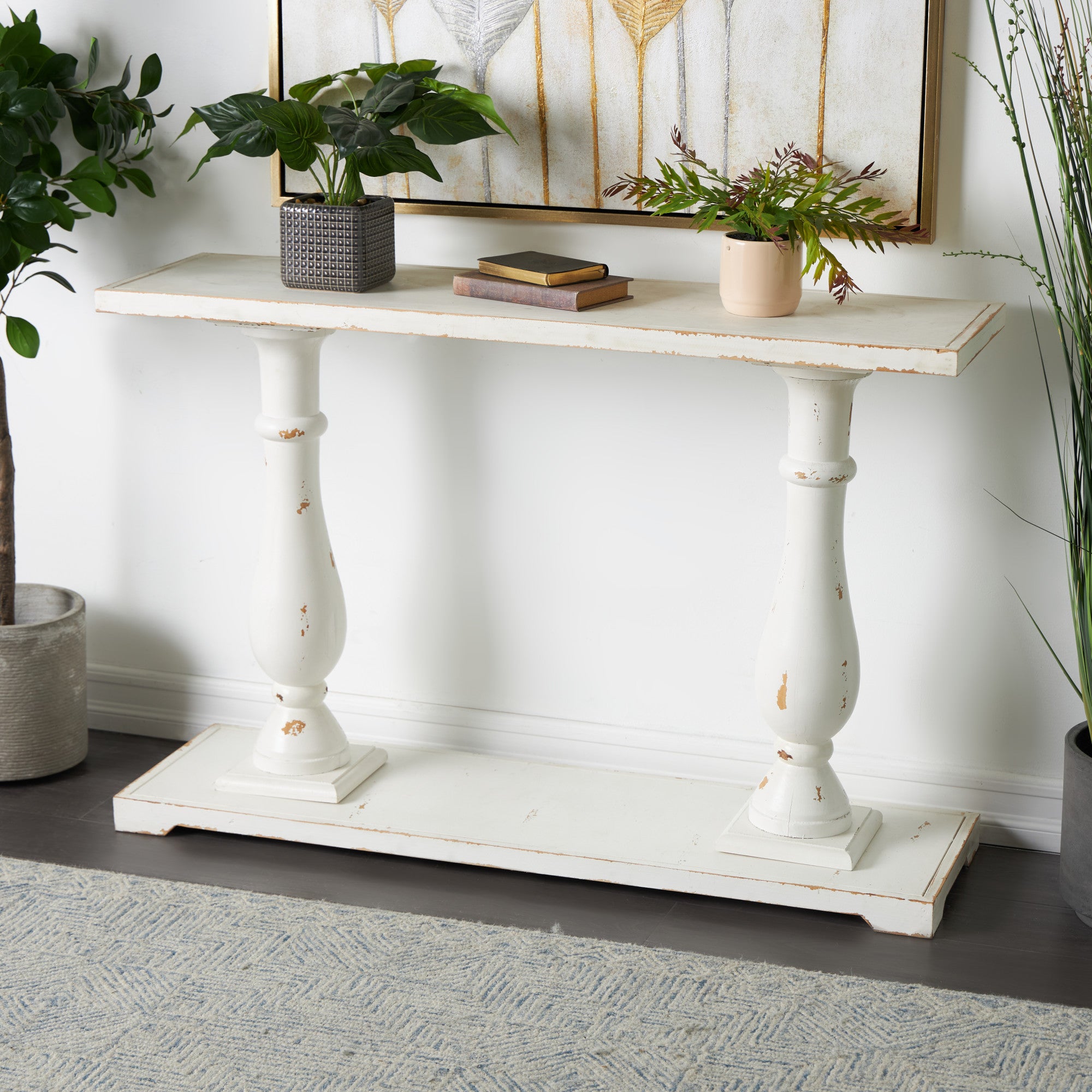 White Wood Rectangular Living Room Console Table with Distressed Accents