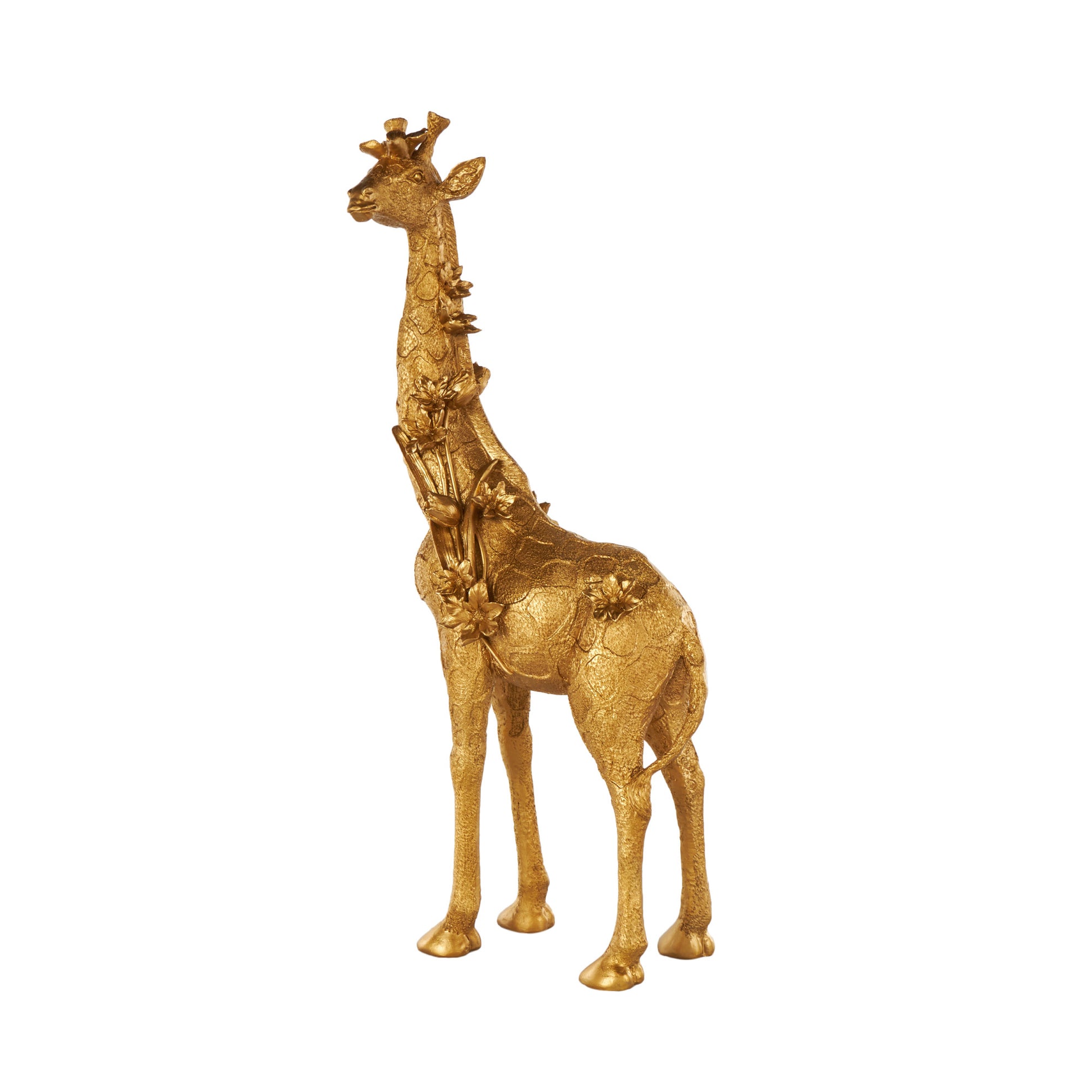 Giraffe Gold Resin Standing Decorative Sculpture with Textured Spots and Floral Accents