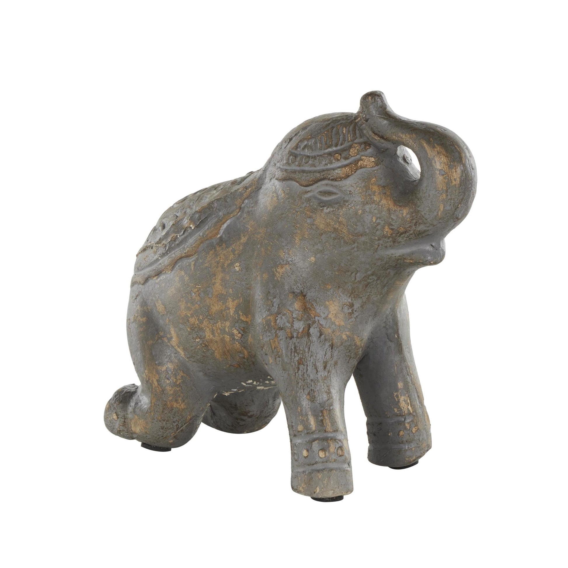Elephant Dark Gray Paper Mache Handmade Distressed Carved Decorative Sculpture with Wood Inspired Accents