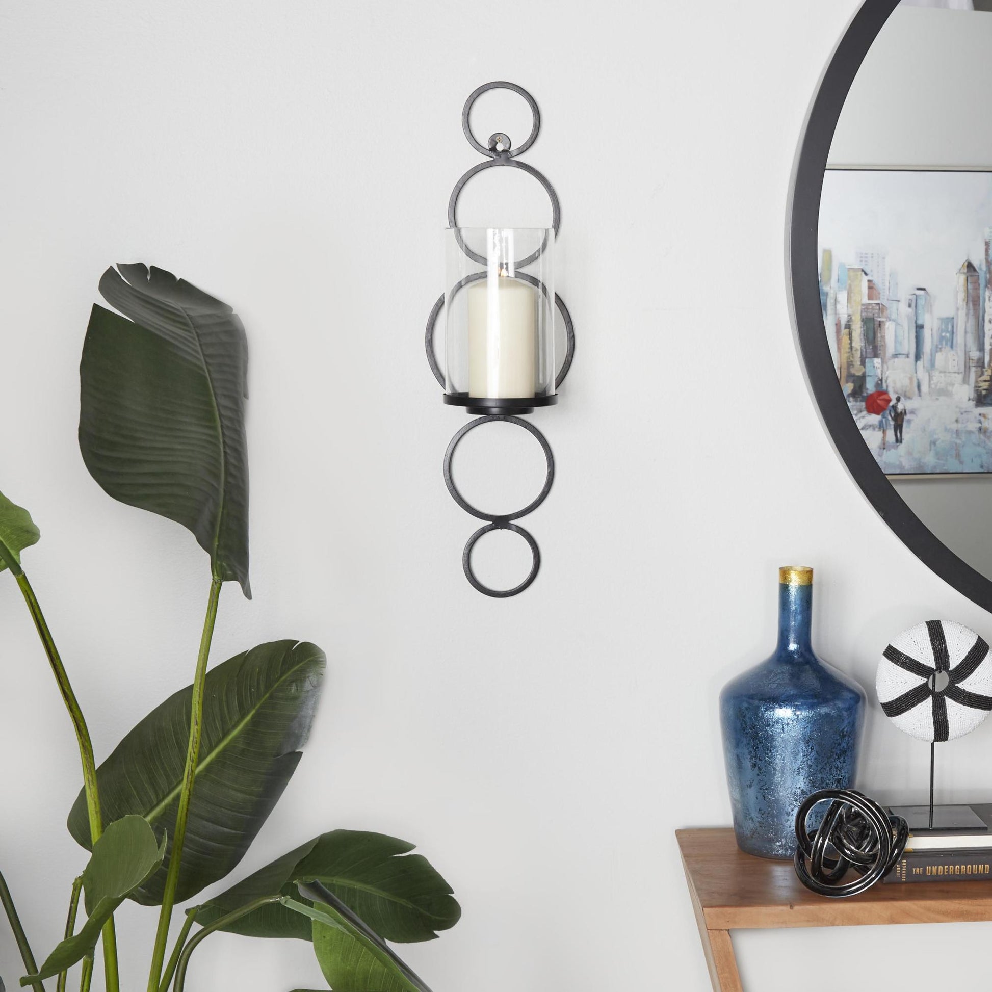 CosmoLiving by Cosmopolitan Metal Single Candle Indoor Outdoor Wall Sconce with Glass Holder