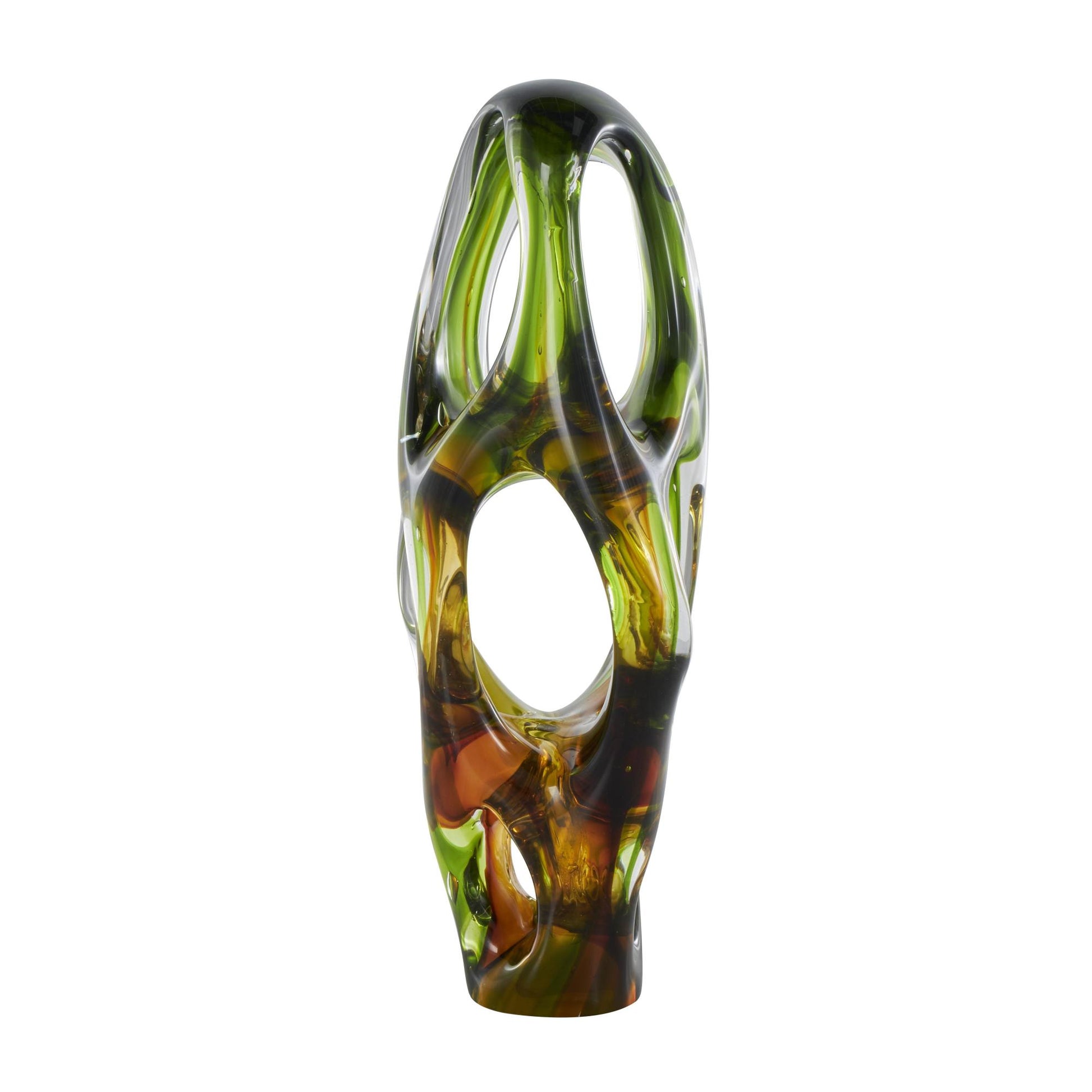 Abstract Green Glass Ombre Cutout Decorative Sculpture with Amber Accents