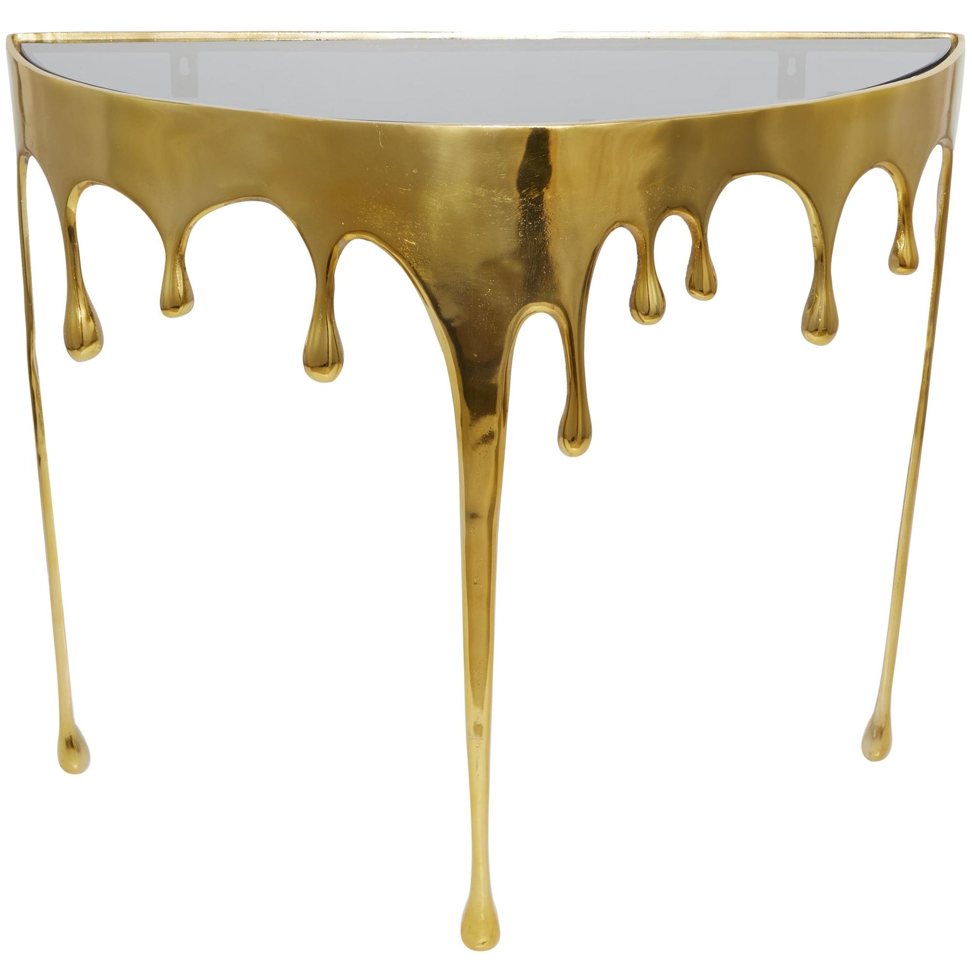 Abstract Aluminum Metal Crescent Drip Living Room Console Table with Melting Design Legs and Glass Top