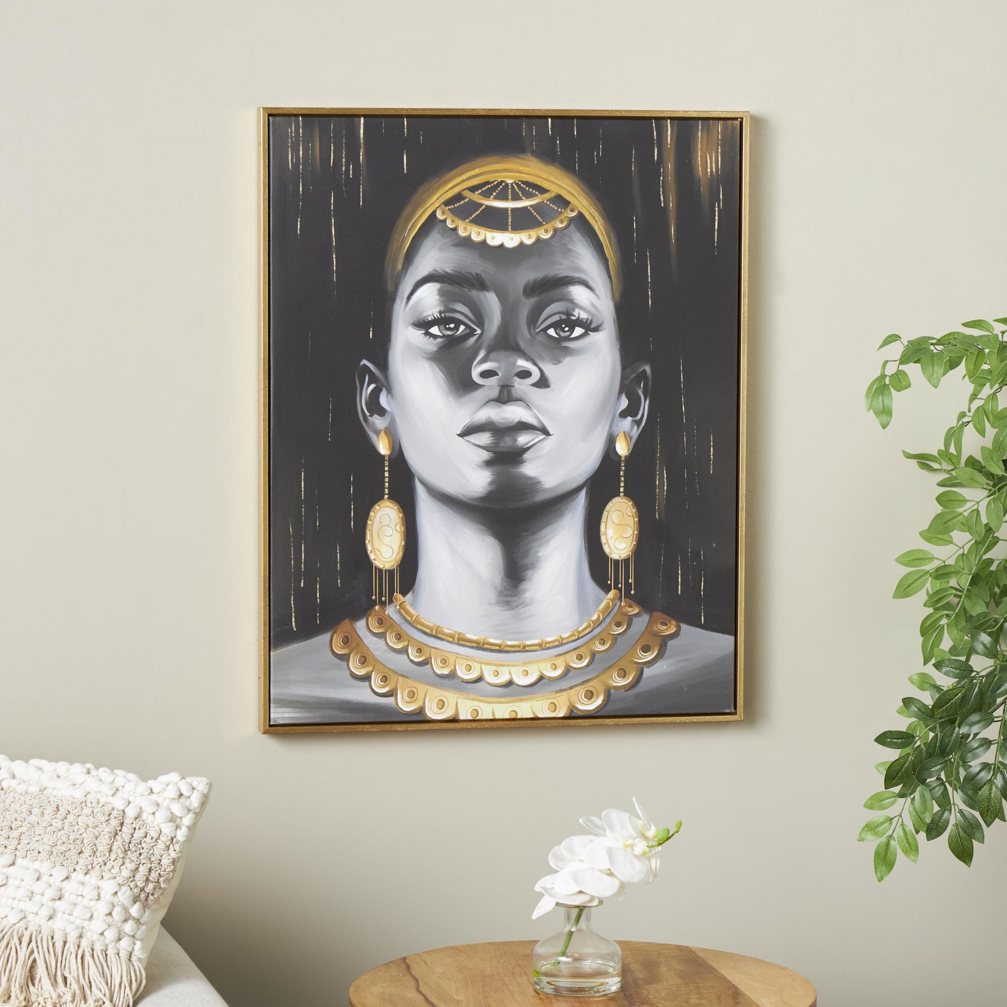 Woman Black Canvas Shaded Living Room Framed Wall Art with Decorative Jewelry and Gold Foil Accents