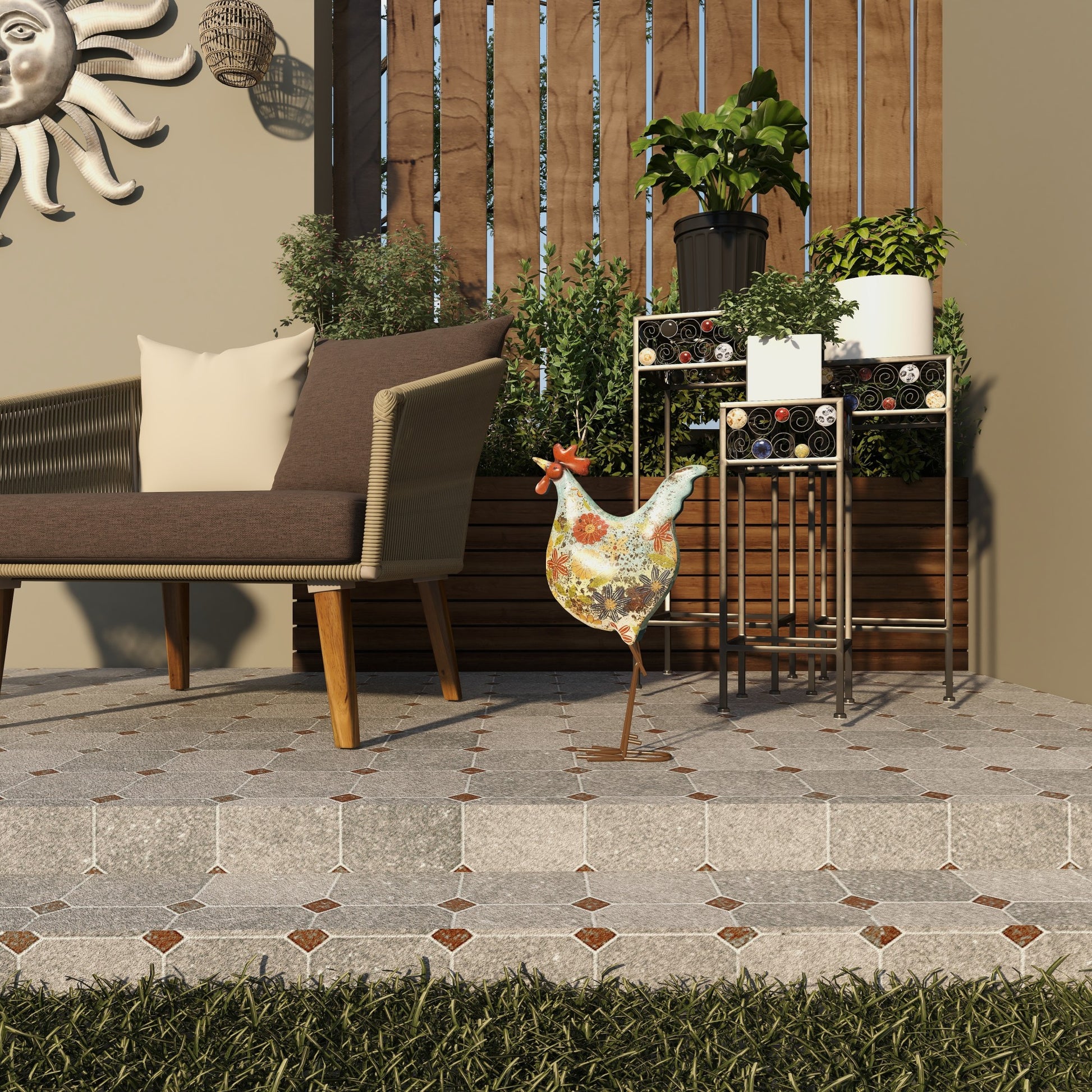 Rooster Metal Indoor Outdoor Distressed Standing Decorative Garden Sculpture with U Shaped Feet