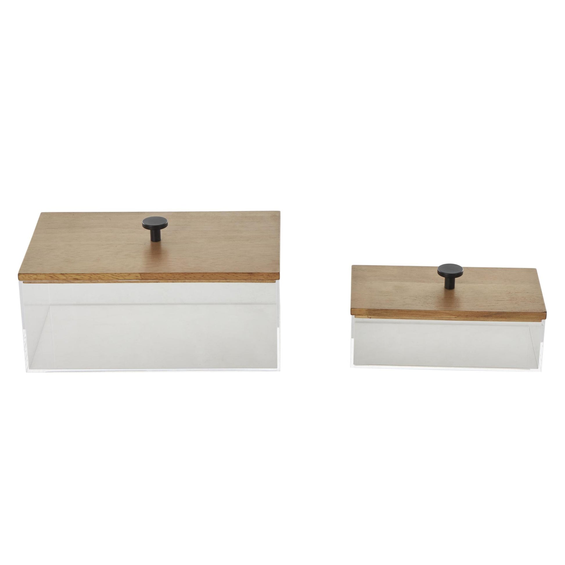 Set of 2 Clear Acrylic Plastic Decorative Box with Brown Wooden Lids and Black Knobs